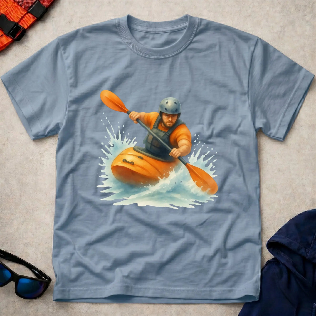 Read The River tee in Light Blue — watercolour whitewater kayaker in rapids — Vector Paddle