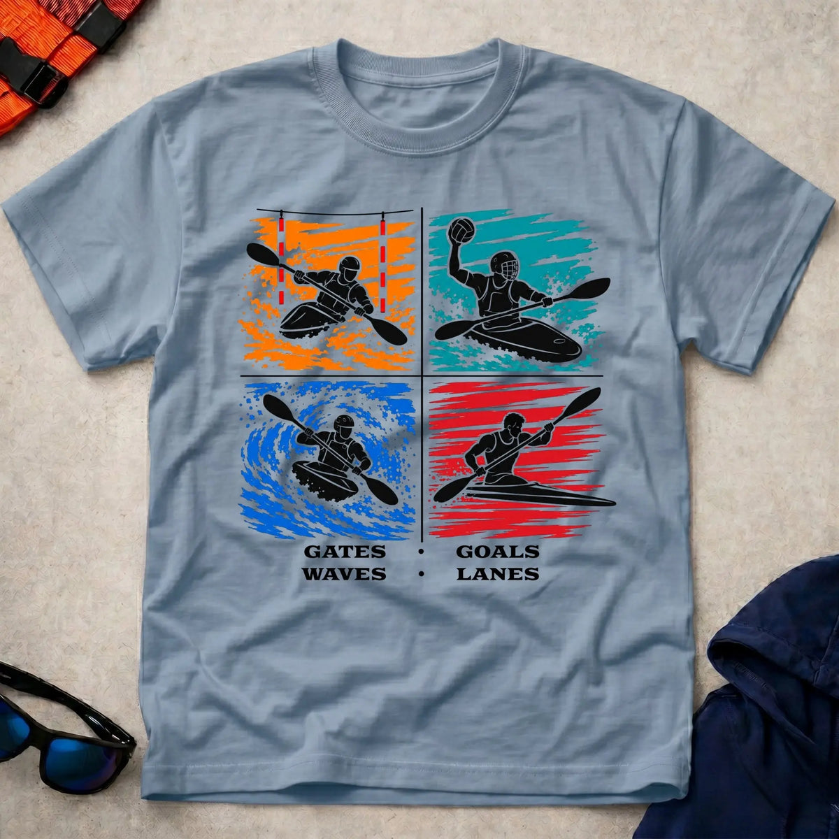 Gates, Goals, Waves, Lanes tee in Light Blue — four-panel kayak design with slalom, canoe polo, whitewater and sprint paddlers — Vector Paddle