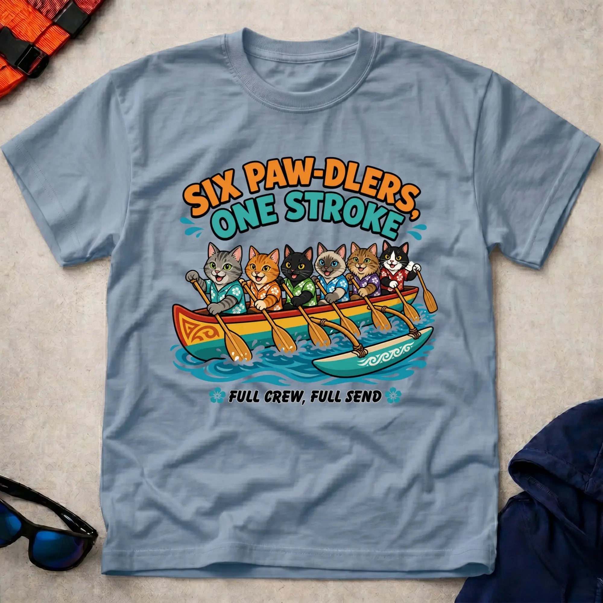 Light Blue Six Paw-dlers, One Stroke tee — OC6 outrigger crew gift — Vector Paddle