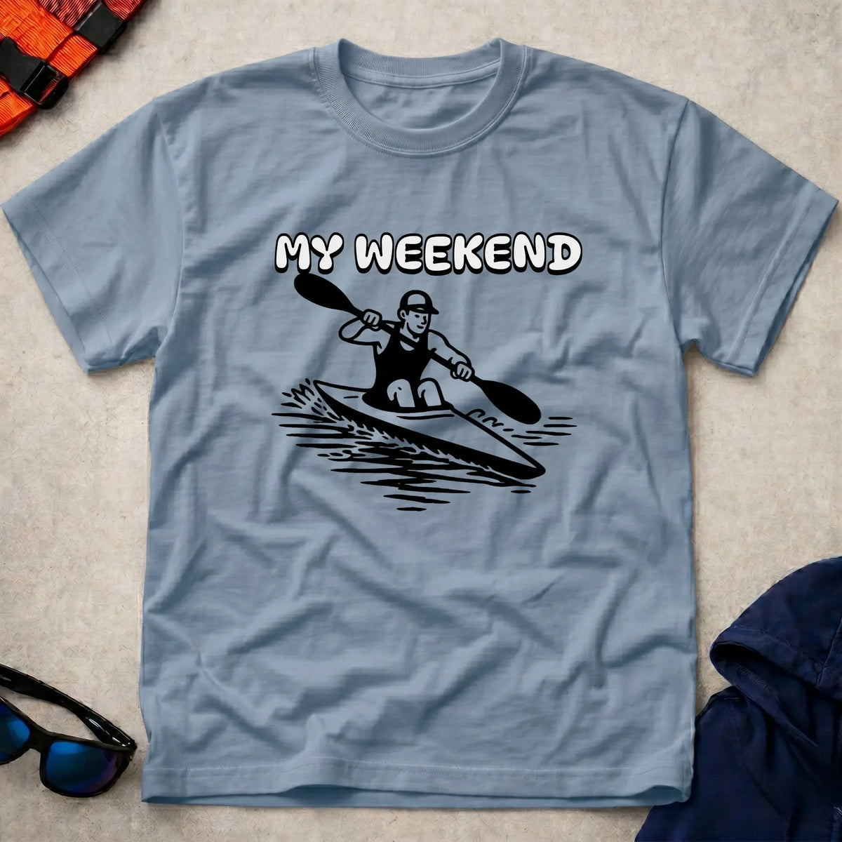 My Weekend K1 Sprint tee in Light Blue — cartoon K1 sprint kayaker with 'My Weekend' lettering — Vector Paddle