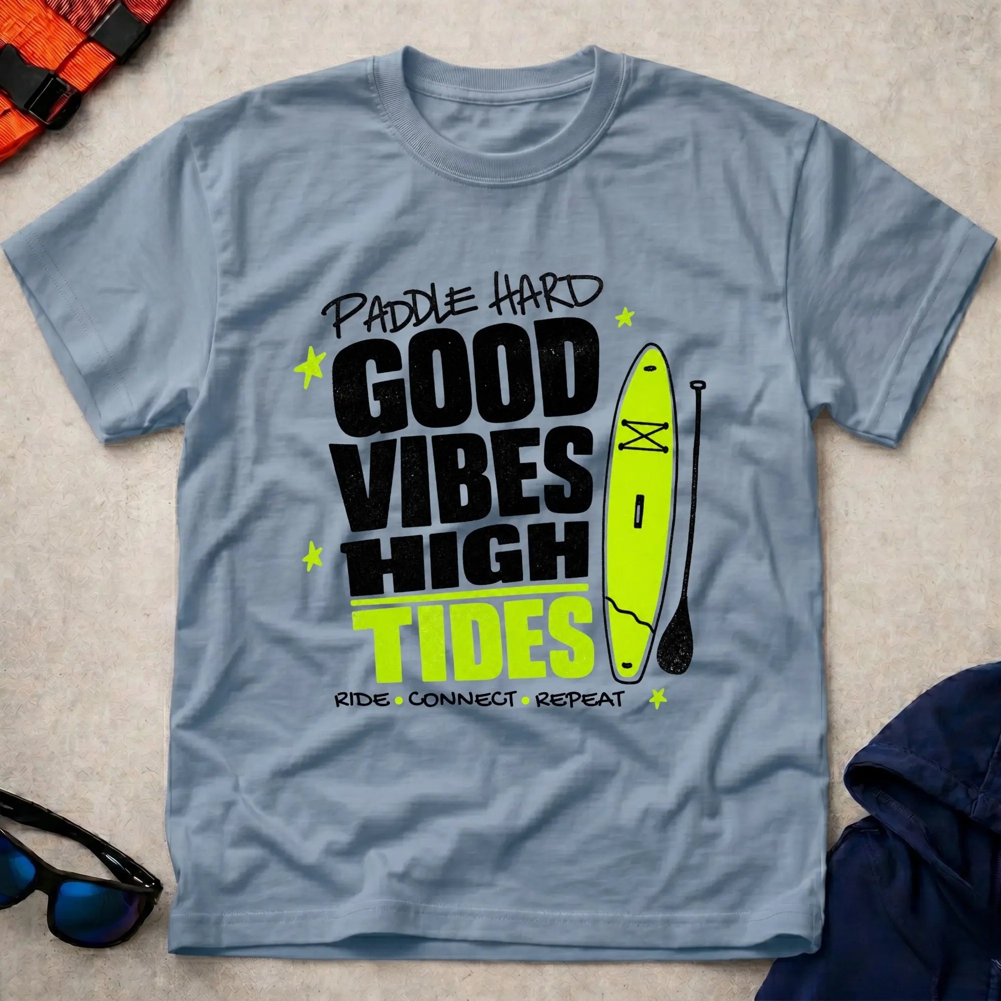 Light Blue Good Vibes High Tides paddling t-shirt for laid-back water days, Vector Paddle