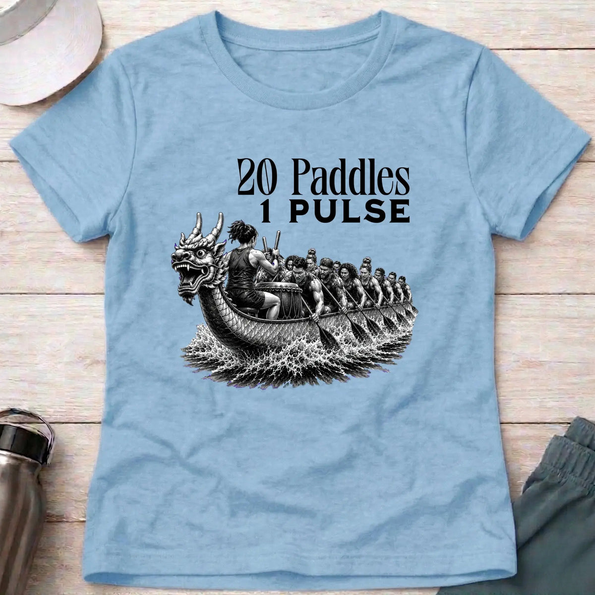 20 Paddles 1 Pulse fitted tee in Light Blue — engraved-style dragon boat racing graphic — Vector Paddle
