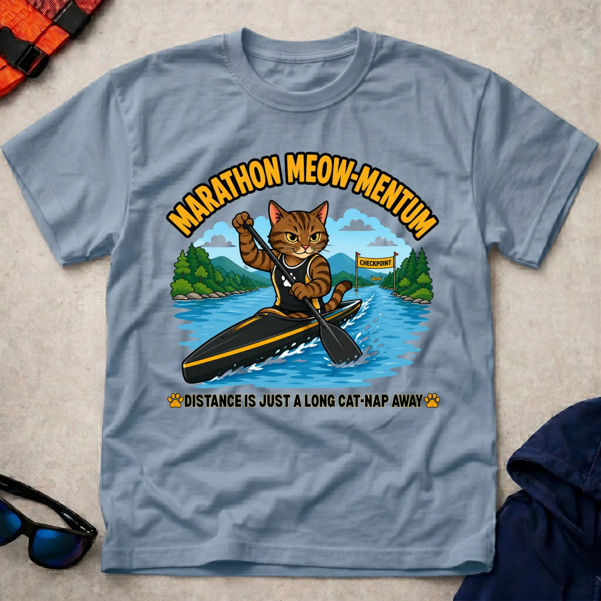 Light Blue Marathon Meow-mentum tee — marathon paddling cat-lover gift — Vector Paddle