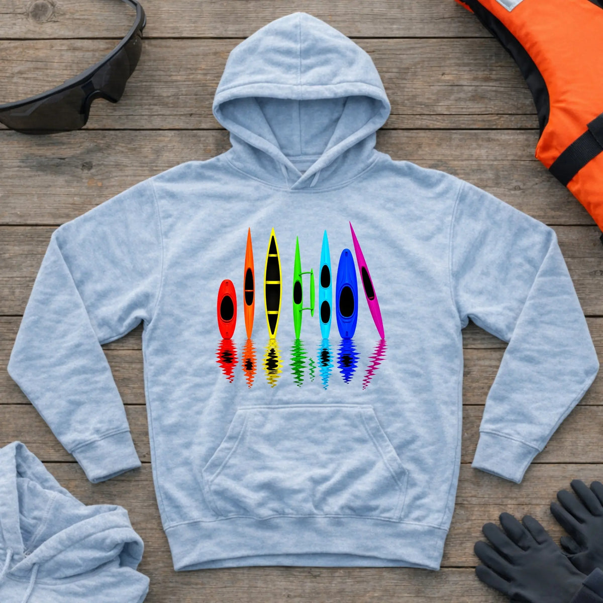 All The Boats hoodie in Light Blue — kayak, canoe, outrigger and surfski fleet design — Vector Paddle