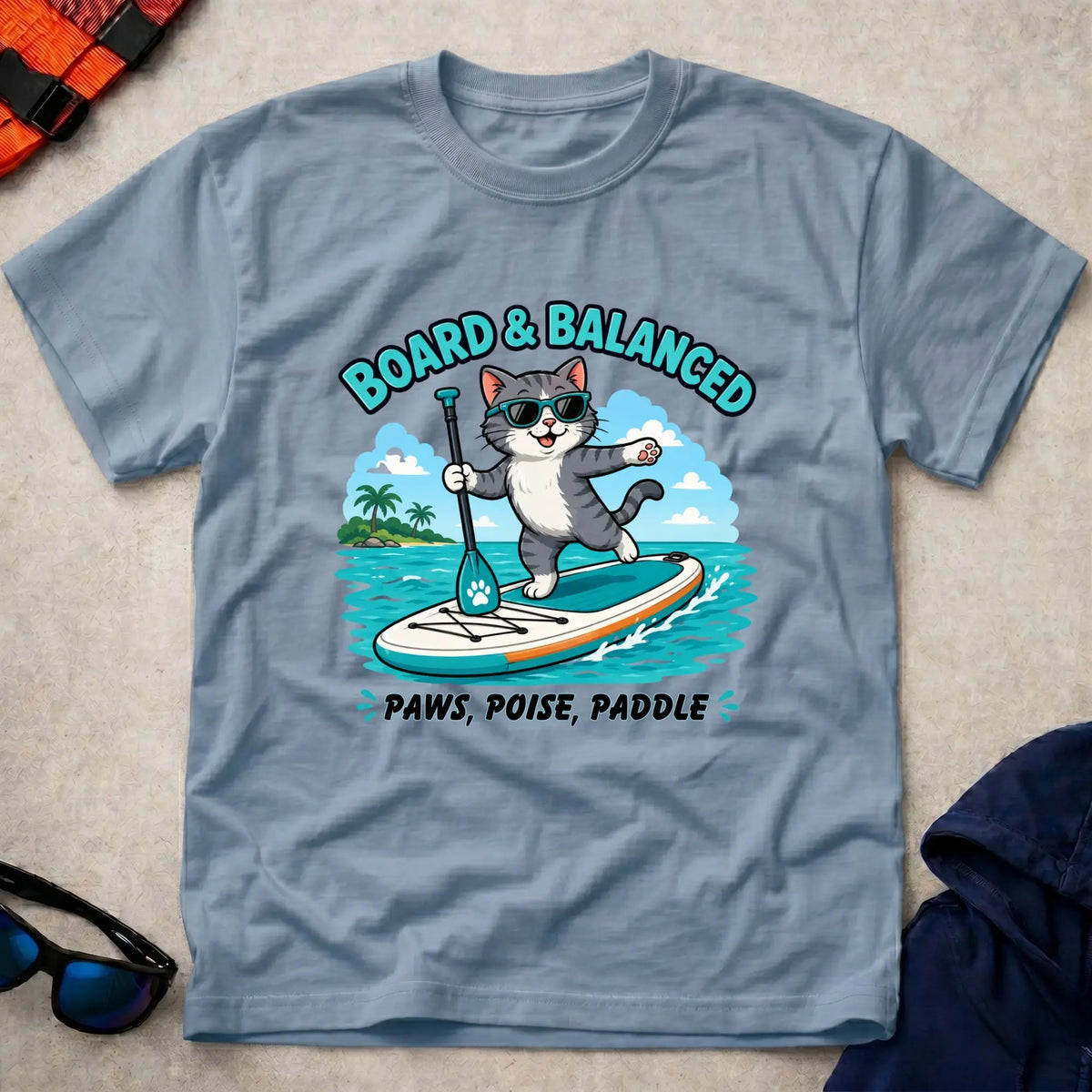 Light Blue Bored & Balanced tee — SUP cat-lover gift — Vector Paddle