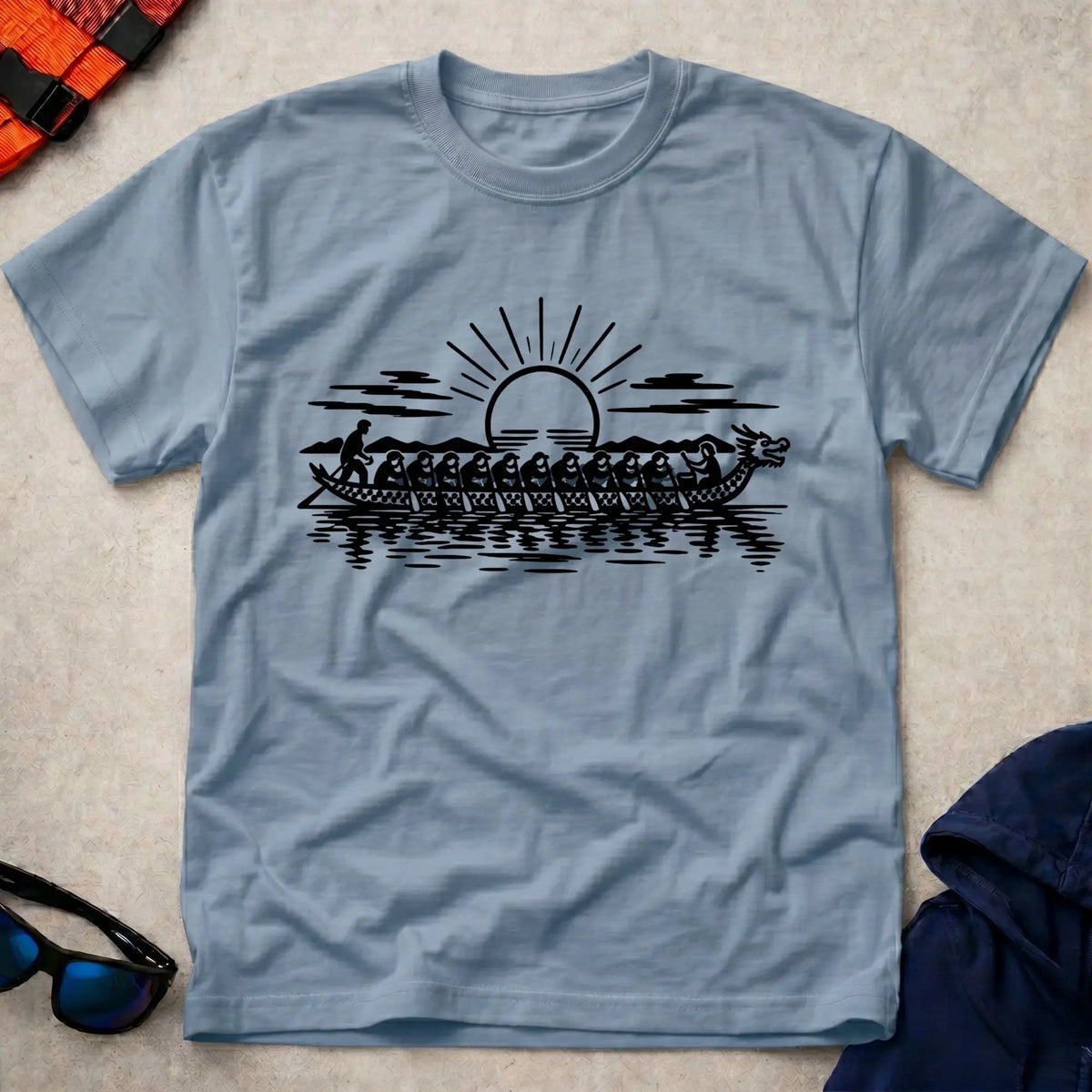 Dawn Crew tee in Light Blue — dragon boat crew paddling at sunrise — Vector Paddle