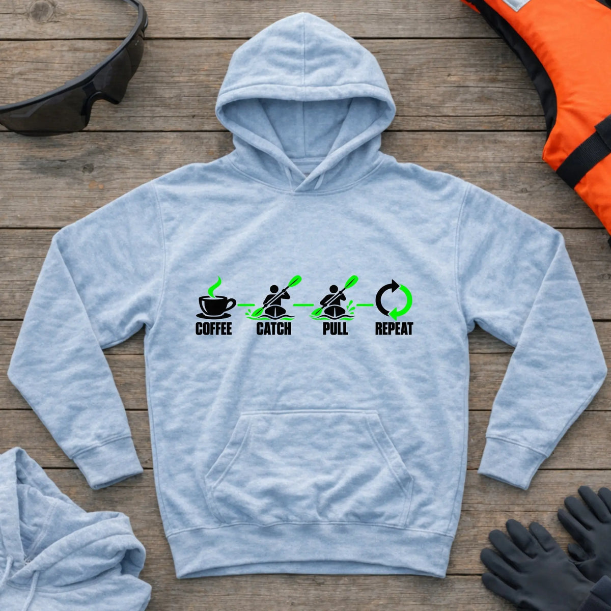 Coffee Catch Pull Repeat hoodie in Light Blue — coffee and paddle stroke humour design — Vector Paddle