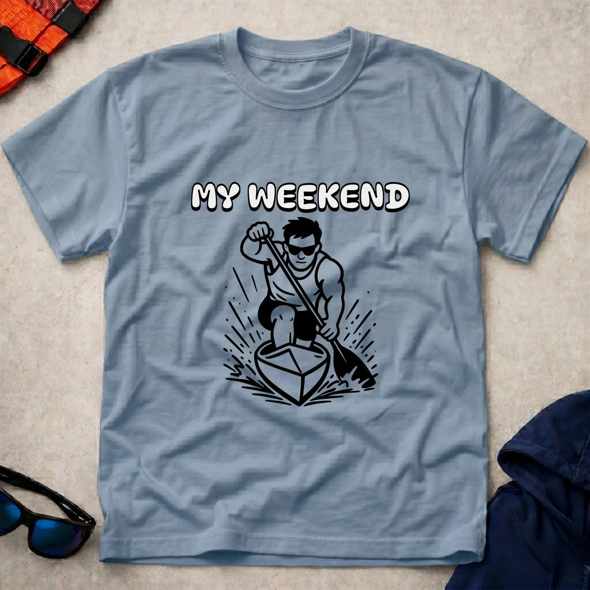 My Weekend C1 tee in Light Blue — cartoon C1 sprint canoeist with 'My Weekend' lettering — Vector Paddle