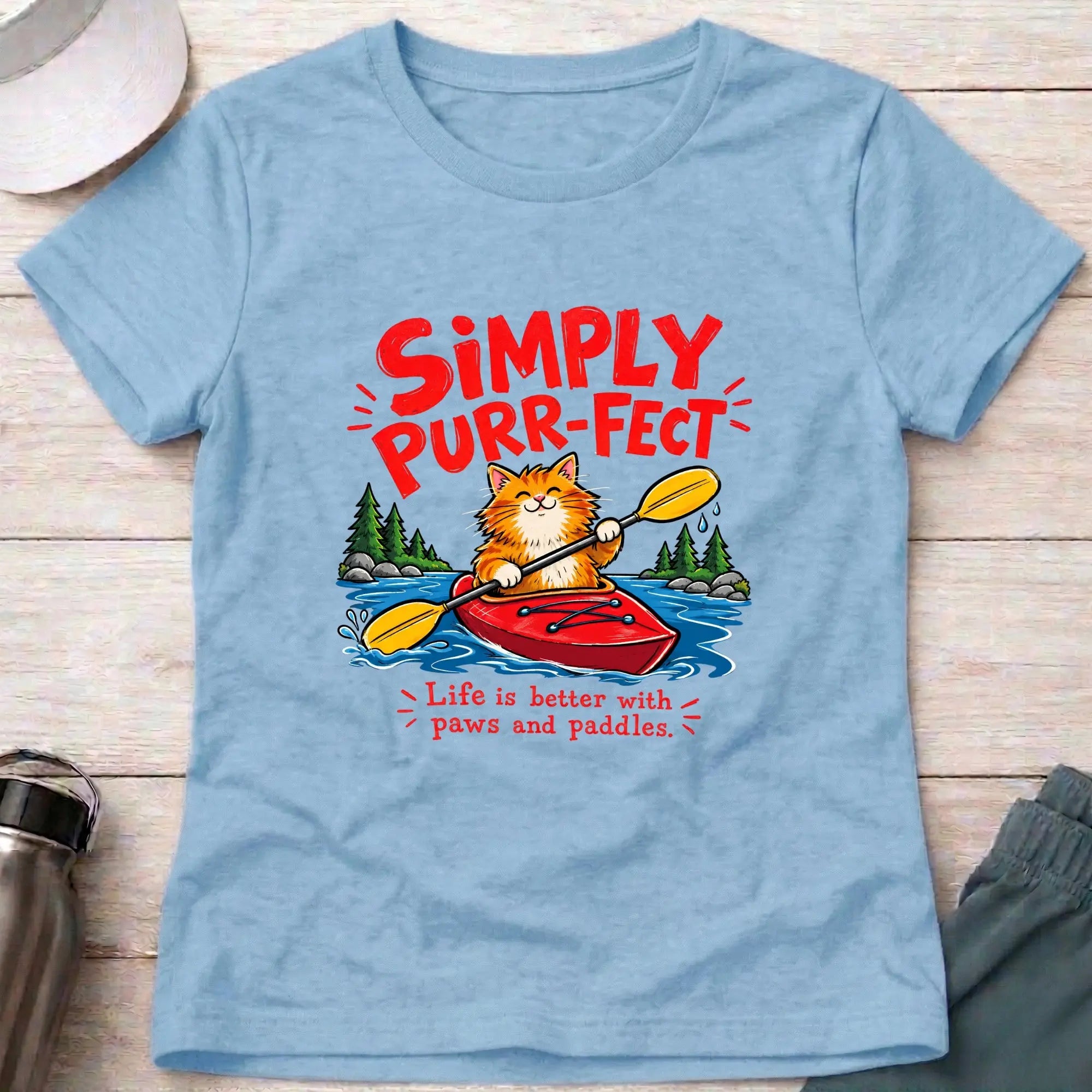 Light Blue Simply Purr-fect ginger cat kayak fitted tee - Vector Paddle