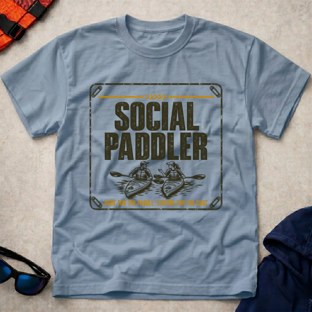 Social Paddler tee in Light Blue — vintage two-kayak social paddling graphic — Vector Paddle
