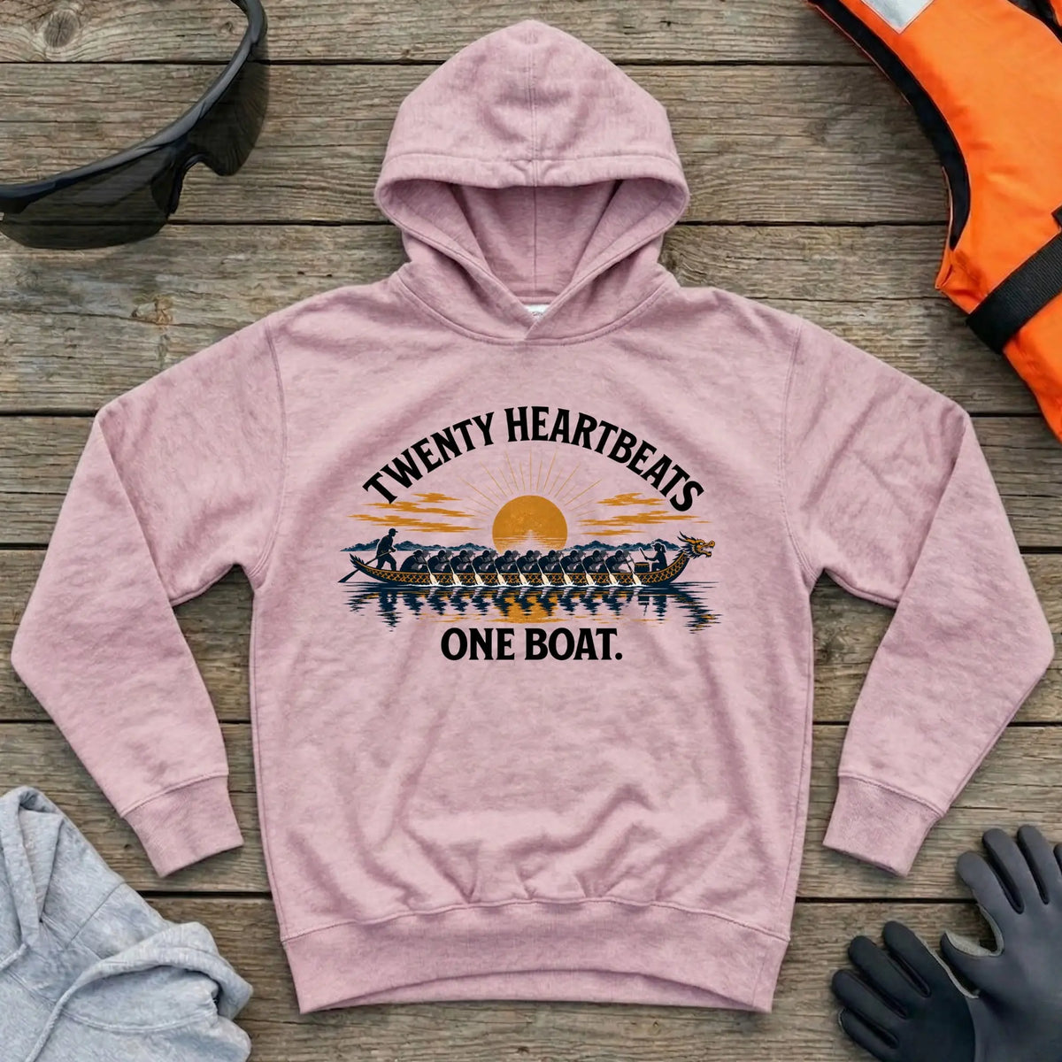 Twenty Heartbeats One Boat hoodie in Light Pink — dragon boat crew paddling in unison — Vector Paddle