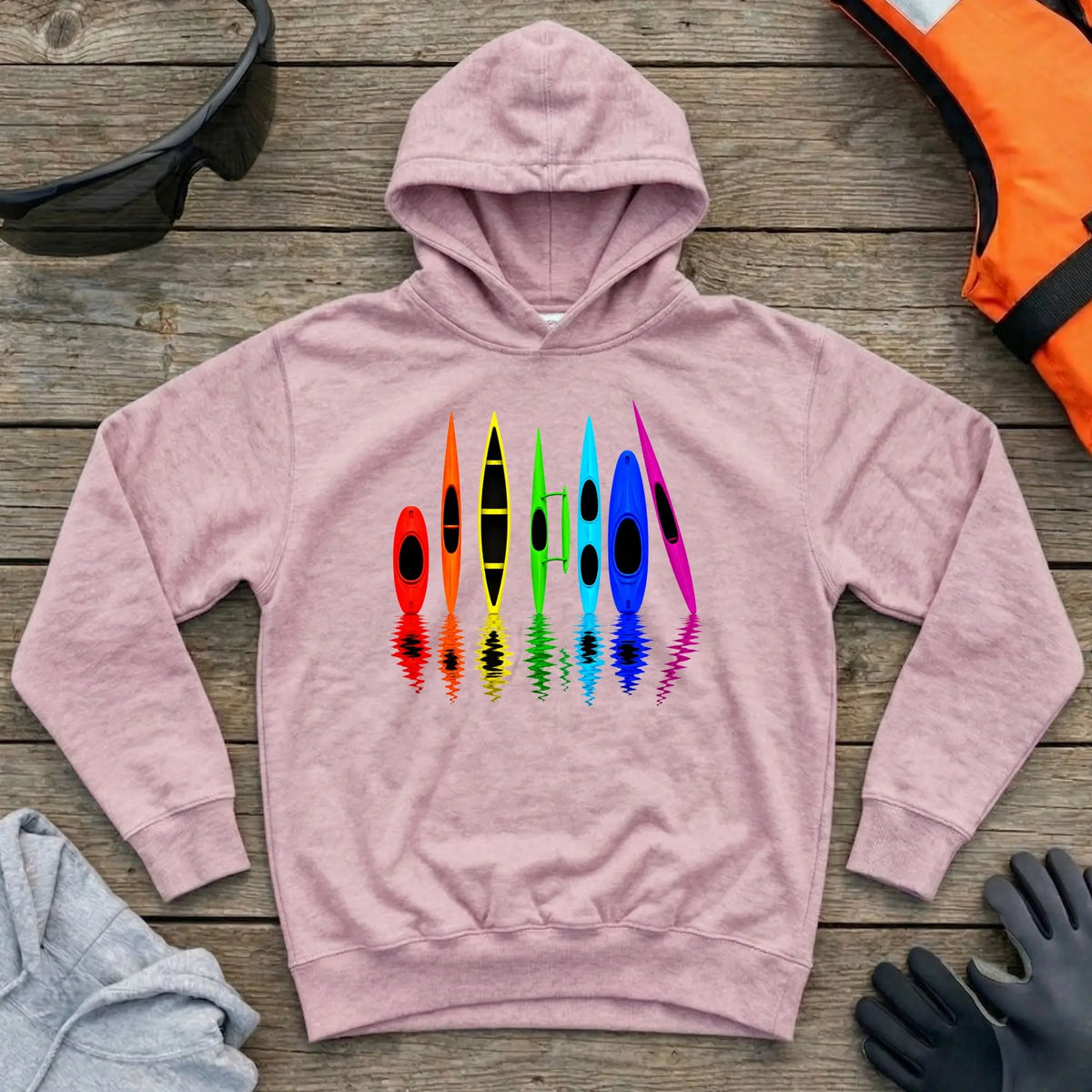 All The Boats hoodie in Light Pink — kayak, canoe, outrigger and surfski fleet design — Vector Paddle