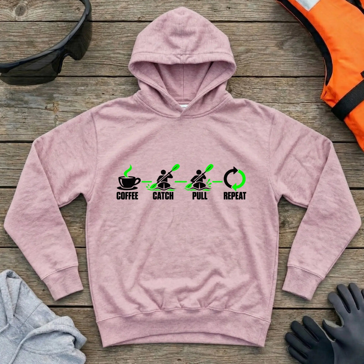 Coffee Catch Pull Repeat hoodie in Light Pink — coffee and paddle stroke humour design — Vector Paddle