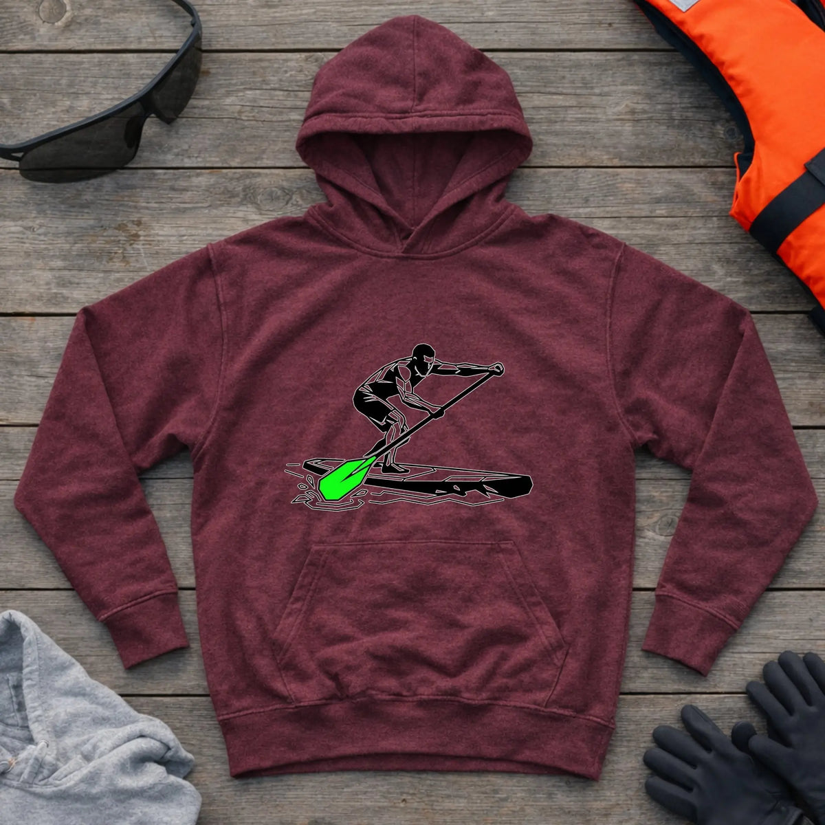 SUP Paddler hoodie in Maroon — stand-up paddleboarding design — Vector Paddle