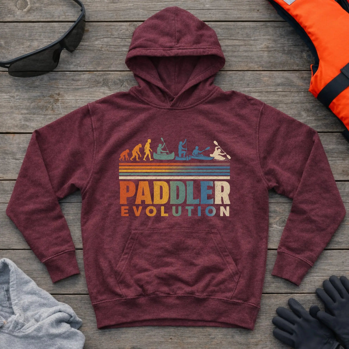 Paddler Evolution hoodie in Maroon — evolution of a paddler graphic — Vector Paddle