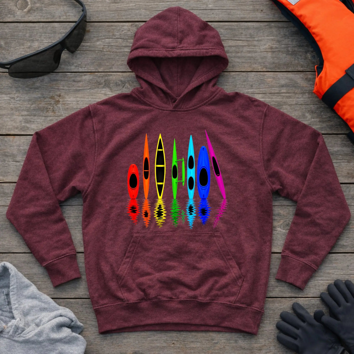 All The Boats hoodie in Maroon — kayak, canoe, outrigger and surfski fleet design — Vector Paddle
