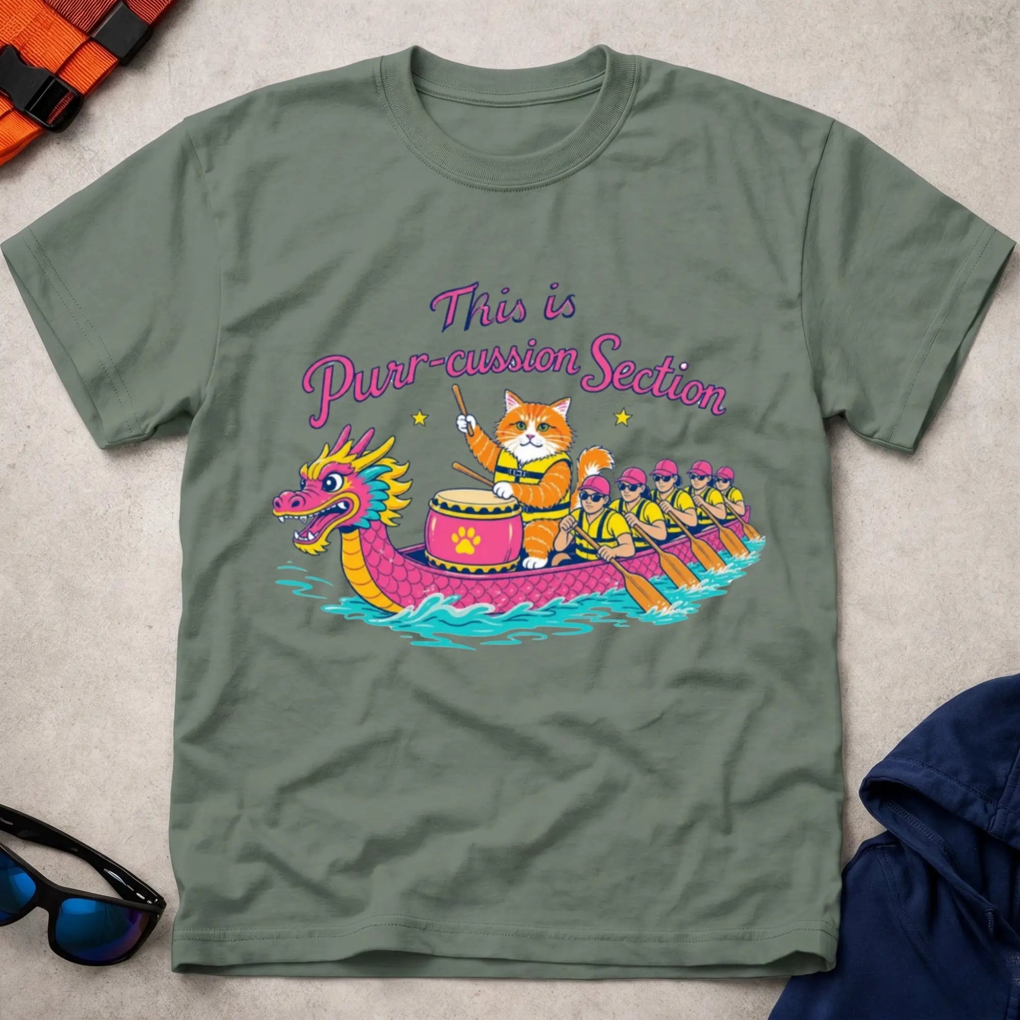 Military Green Purr-cussion Section dragon boat drummer cat tee — Vector Paddle