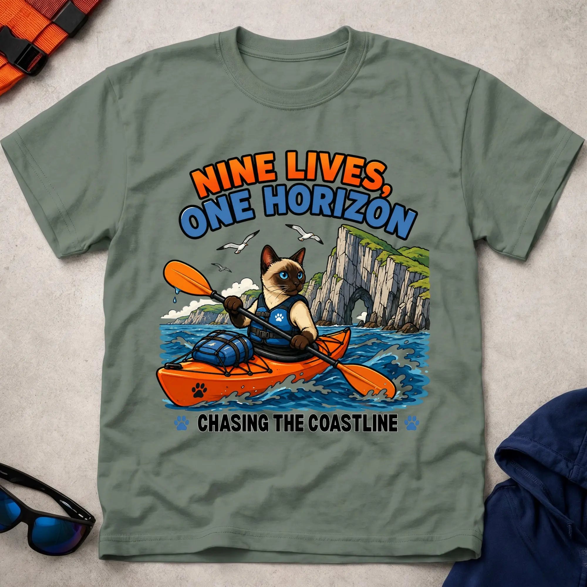 Military Green Nine Lives, One Horizon tee — long-distance paddling gift — Vector Paddle
