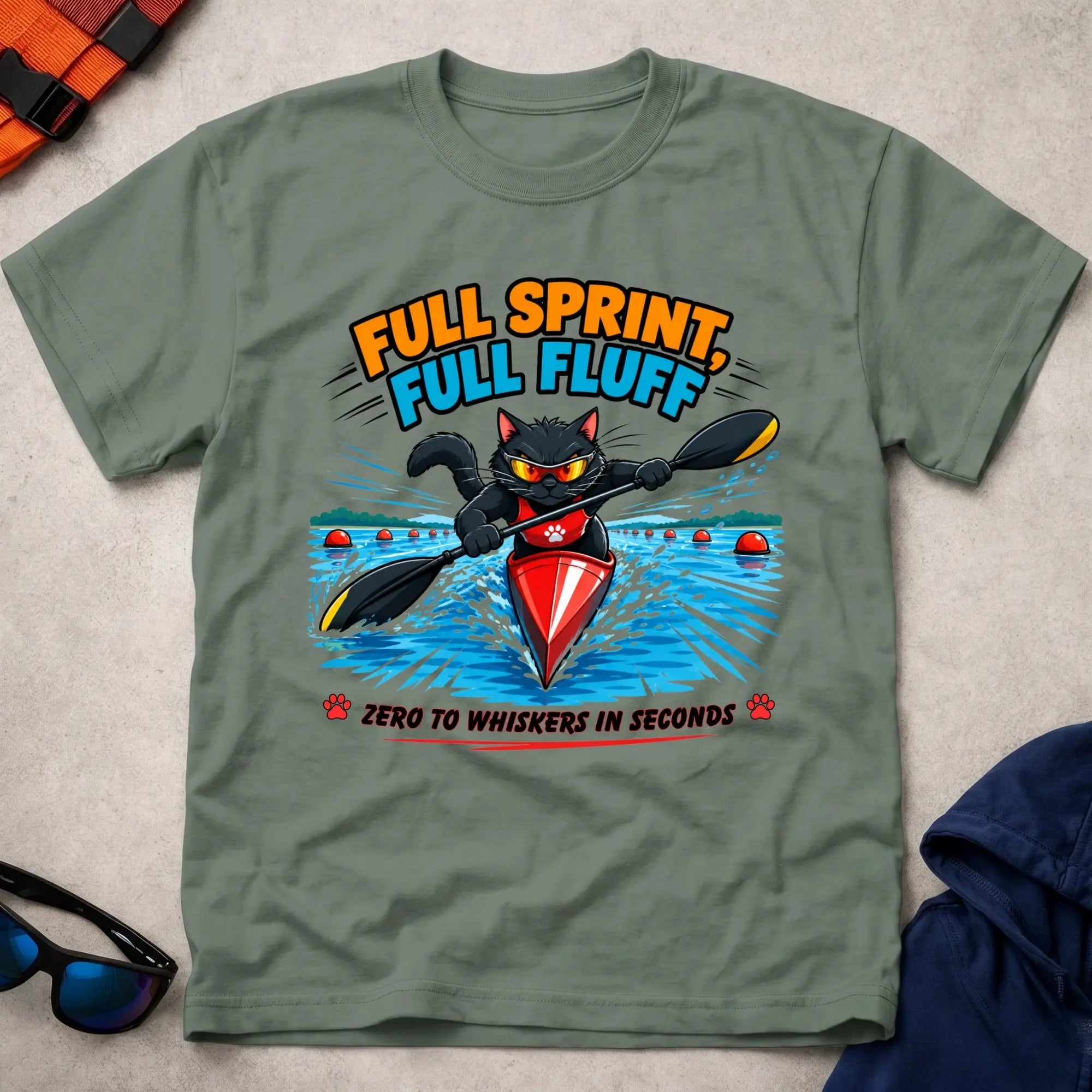 Military Green Full Sprint, Full Fluff tee — cat-lover paddling gift — Vector Paddle