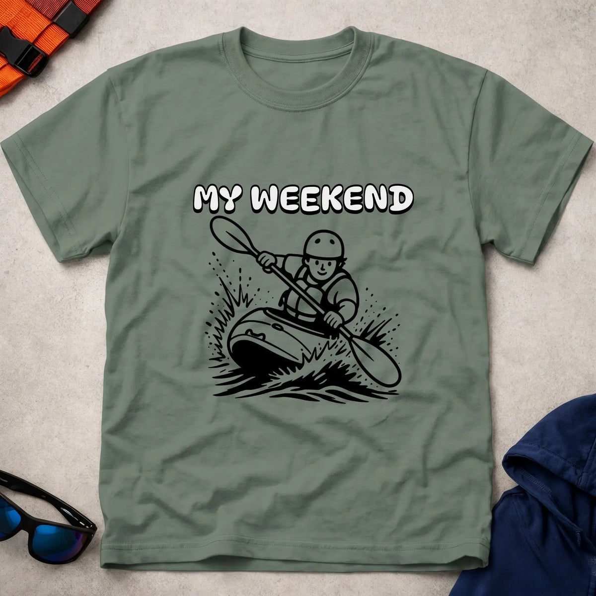 My Weekend Whitewater tee in Military Green — cartoon whitewater kayaker with 'My Weekend' lettering — Vector Paddle