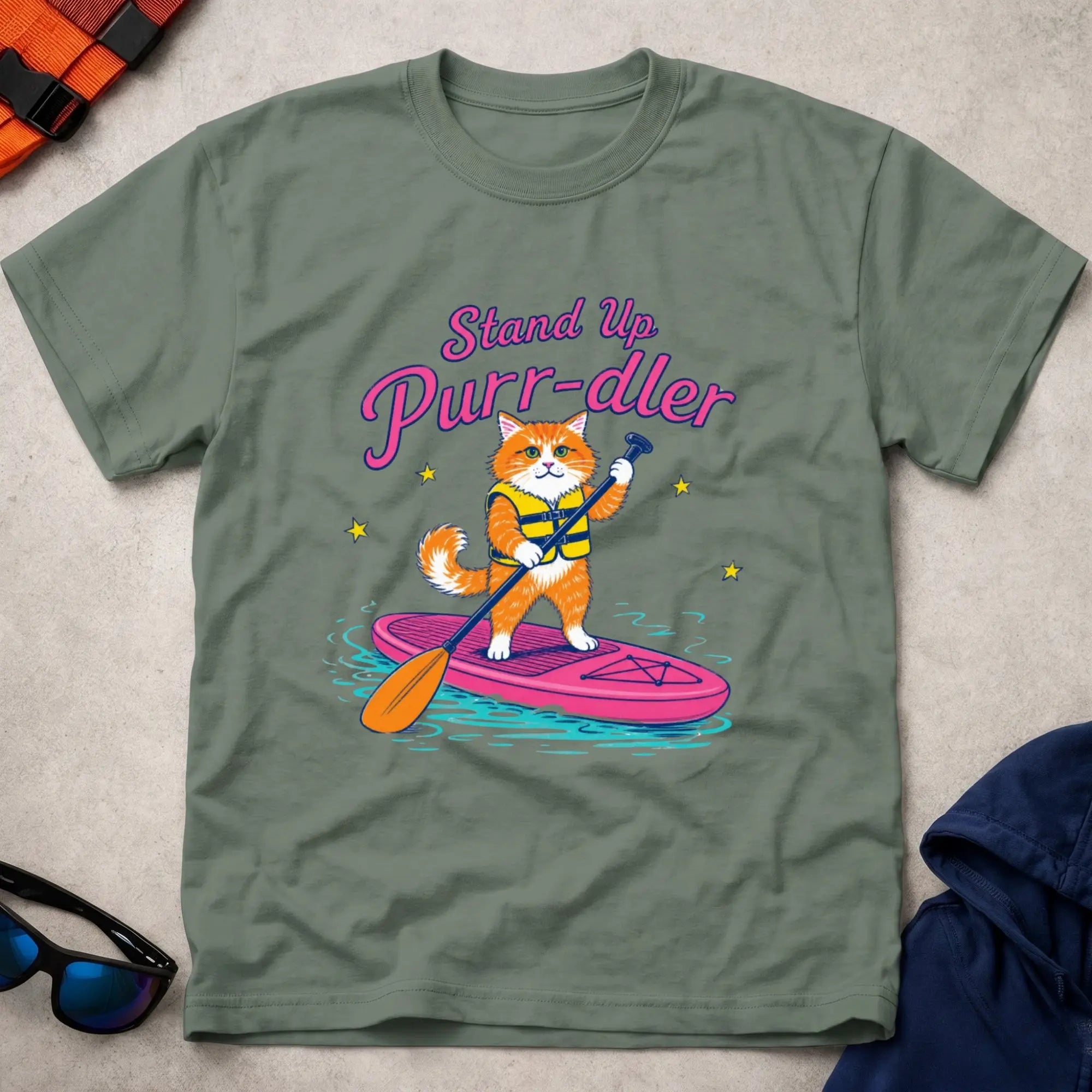 Military Green Stand Up Purr-dler cat SUP paddling tee — Vector Paddle