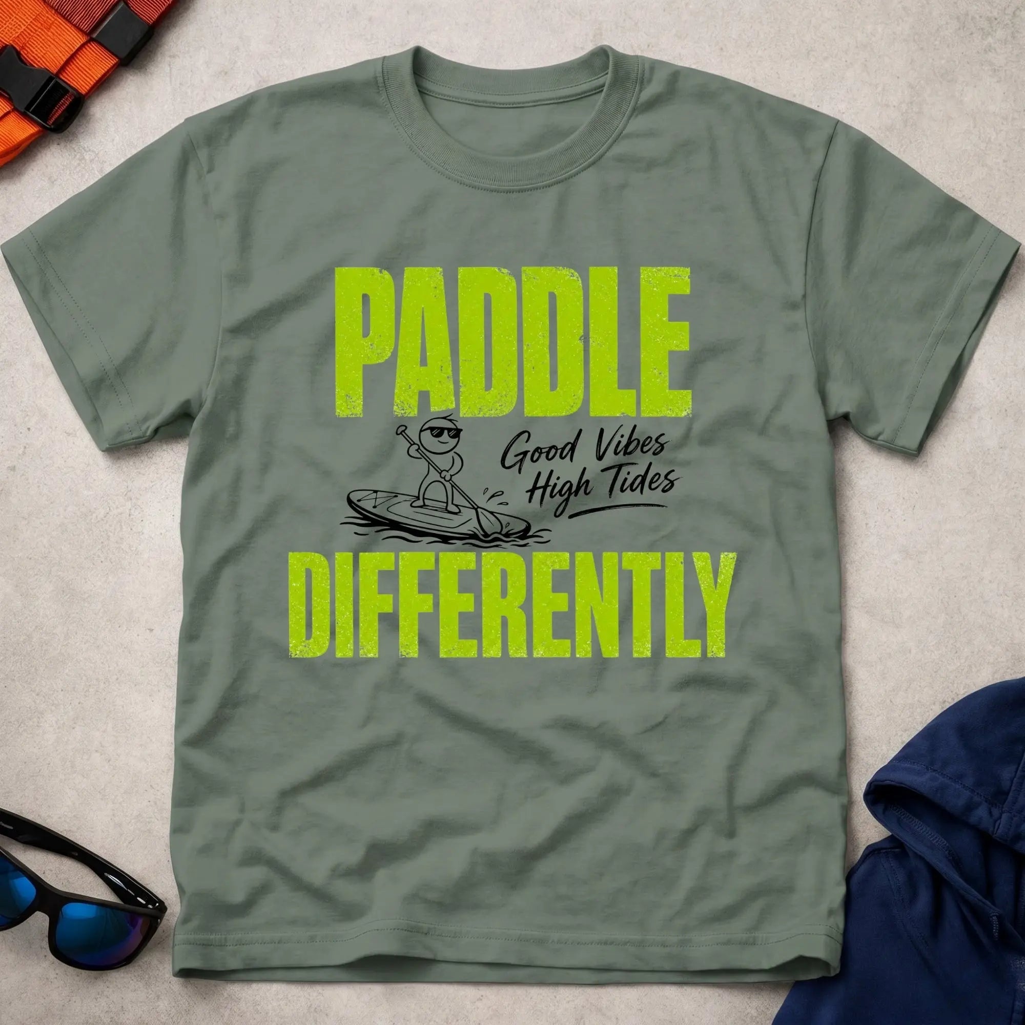 Military Green Paddle Differently t-shirt for paddlers who do it their own way, Vector Paddle