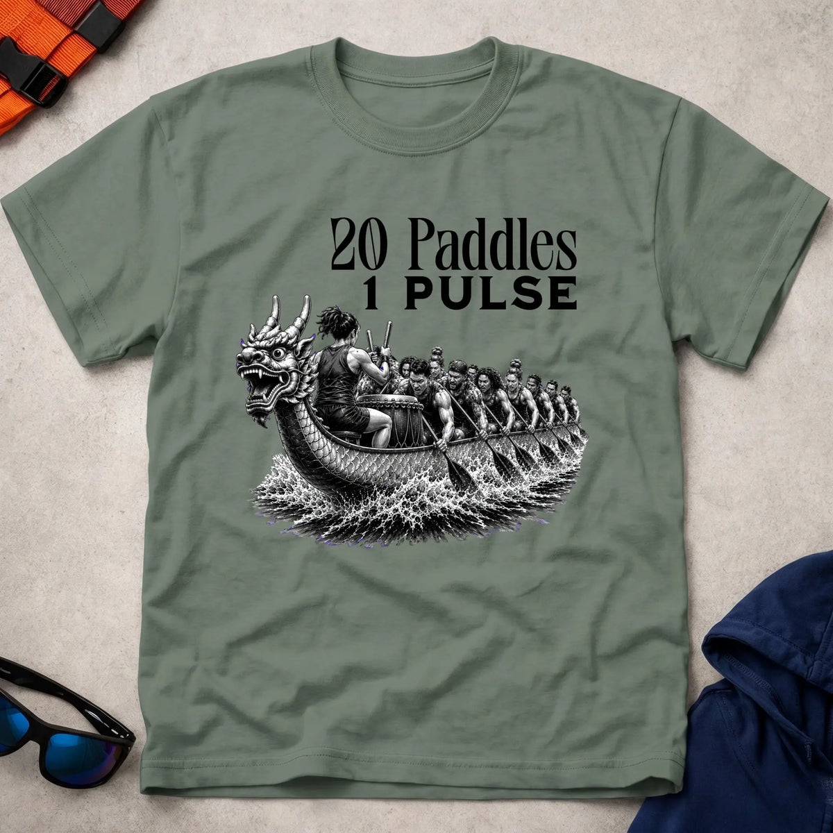 20 Paddles 1 Pulse tee in Military Green — dragon boat crew in full stroke — Vector Paddle
