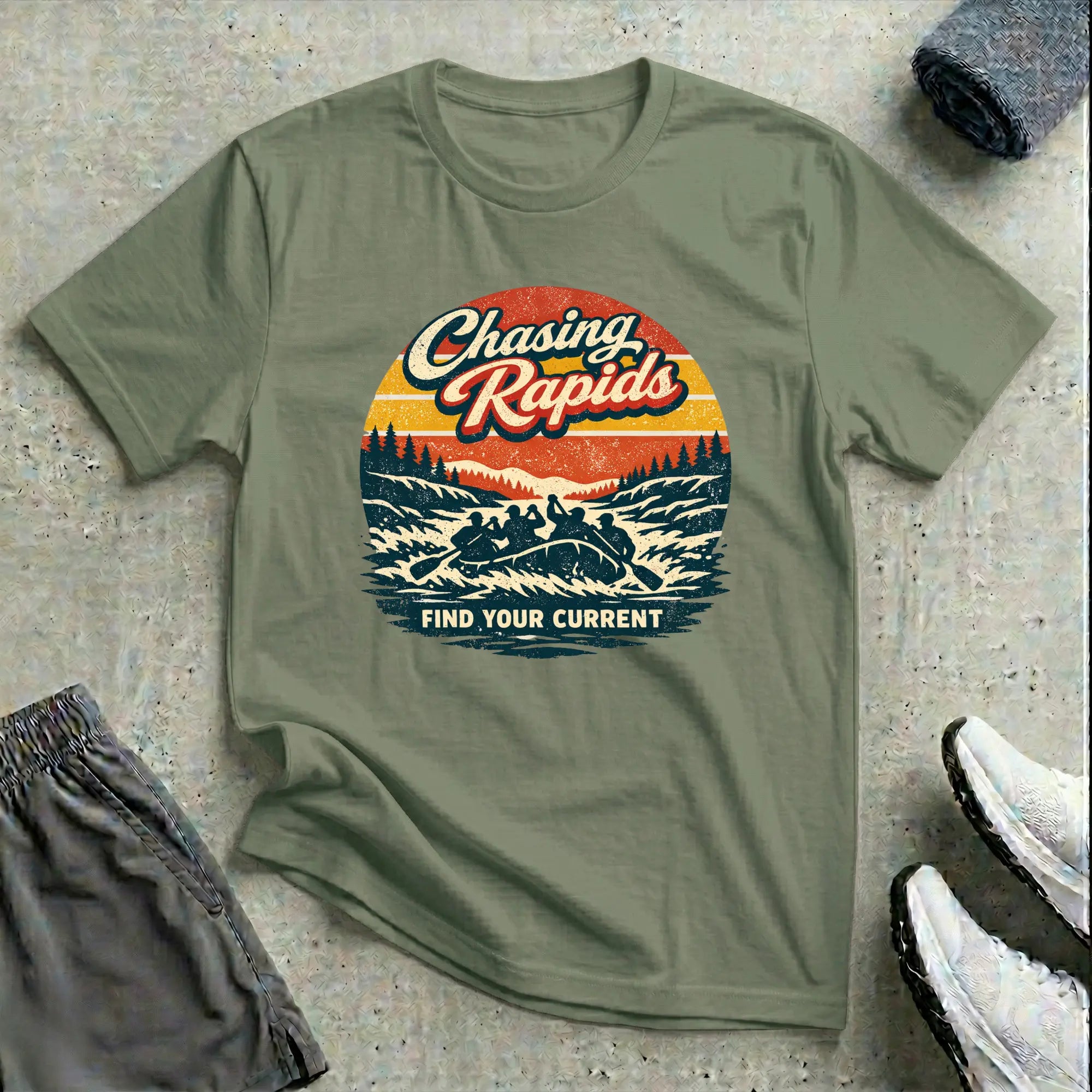 Chasing Rapids - Retro. Rafting T-Shirt Relaxing Printify
