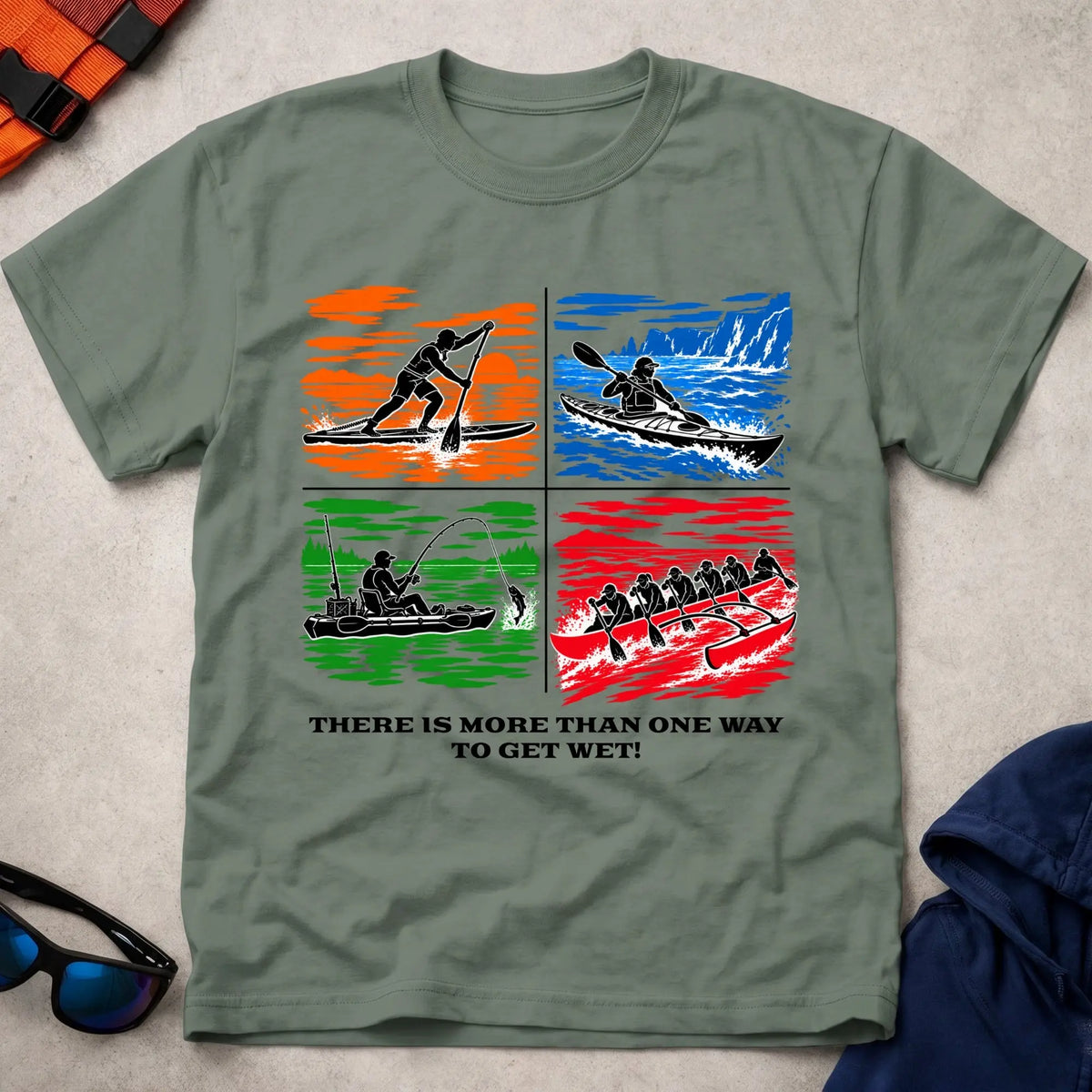 More Than One Way tee in Military Green — four-panel design with SUP, sea kayak, kayak fishing and OC6 outrigger — Vector Paddle