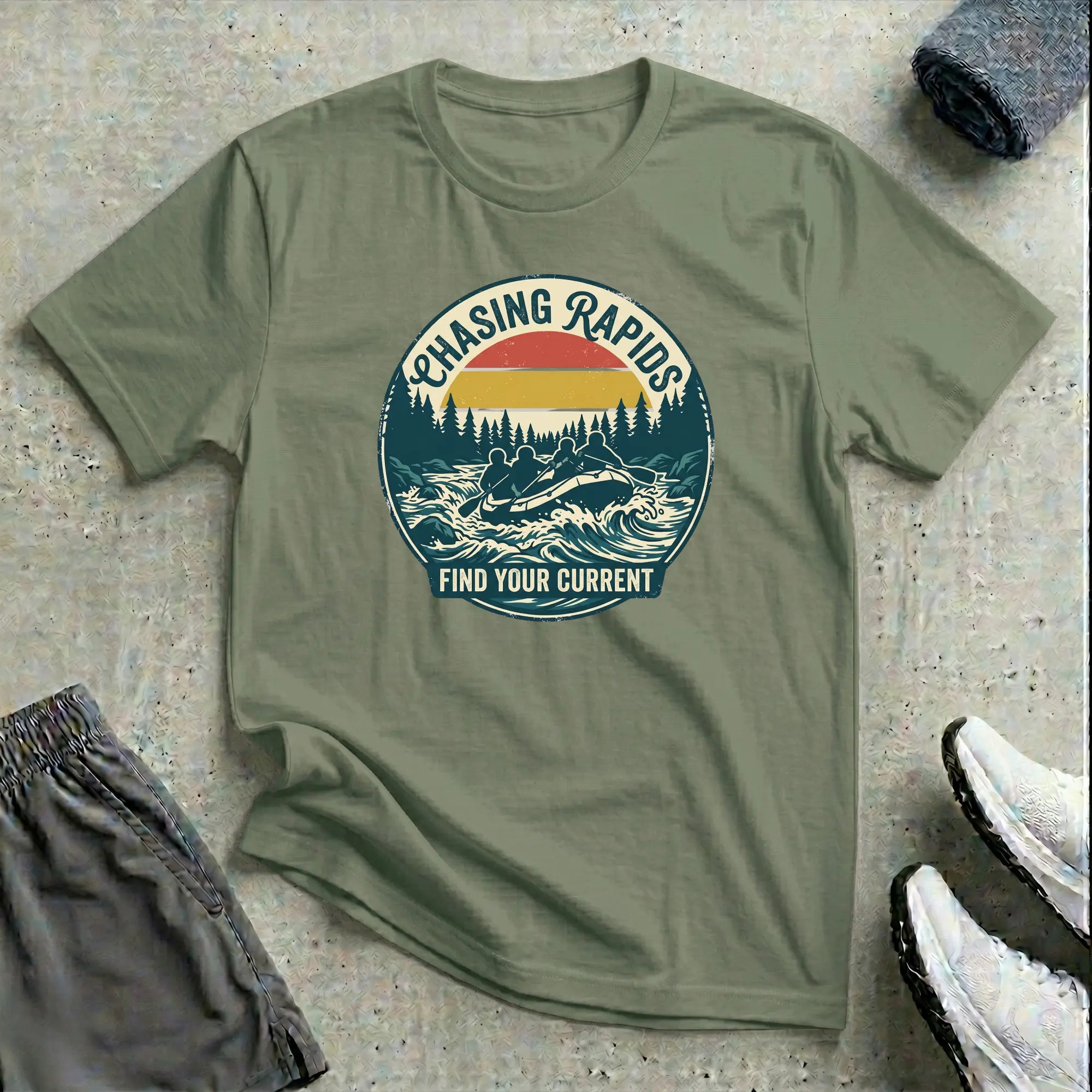 Chasing Rapids - Find Your Current. Rafting T-Shirt - RELAXED Printify