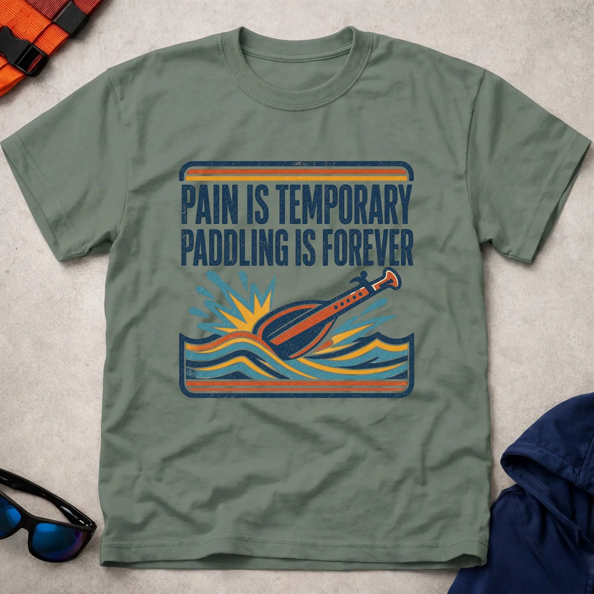 Paddling Is Forever tee in Military Green — retro 'Pain Is Temporary' paddle and waves design — Vector Paddle