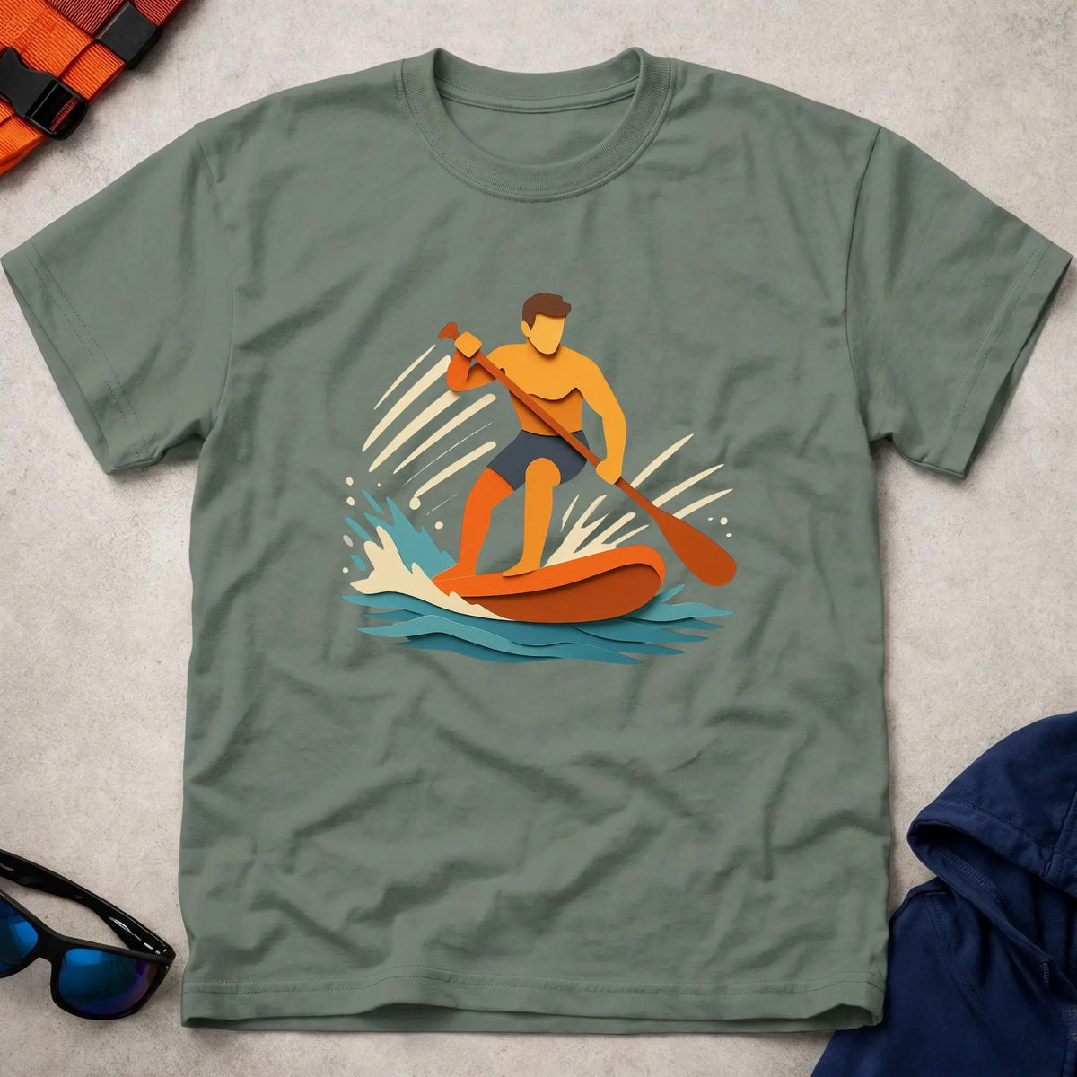 Cut Through tee in Military Green — paper-cut stand-up paddleboarder in orange and teal — Vector Paddle
