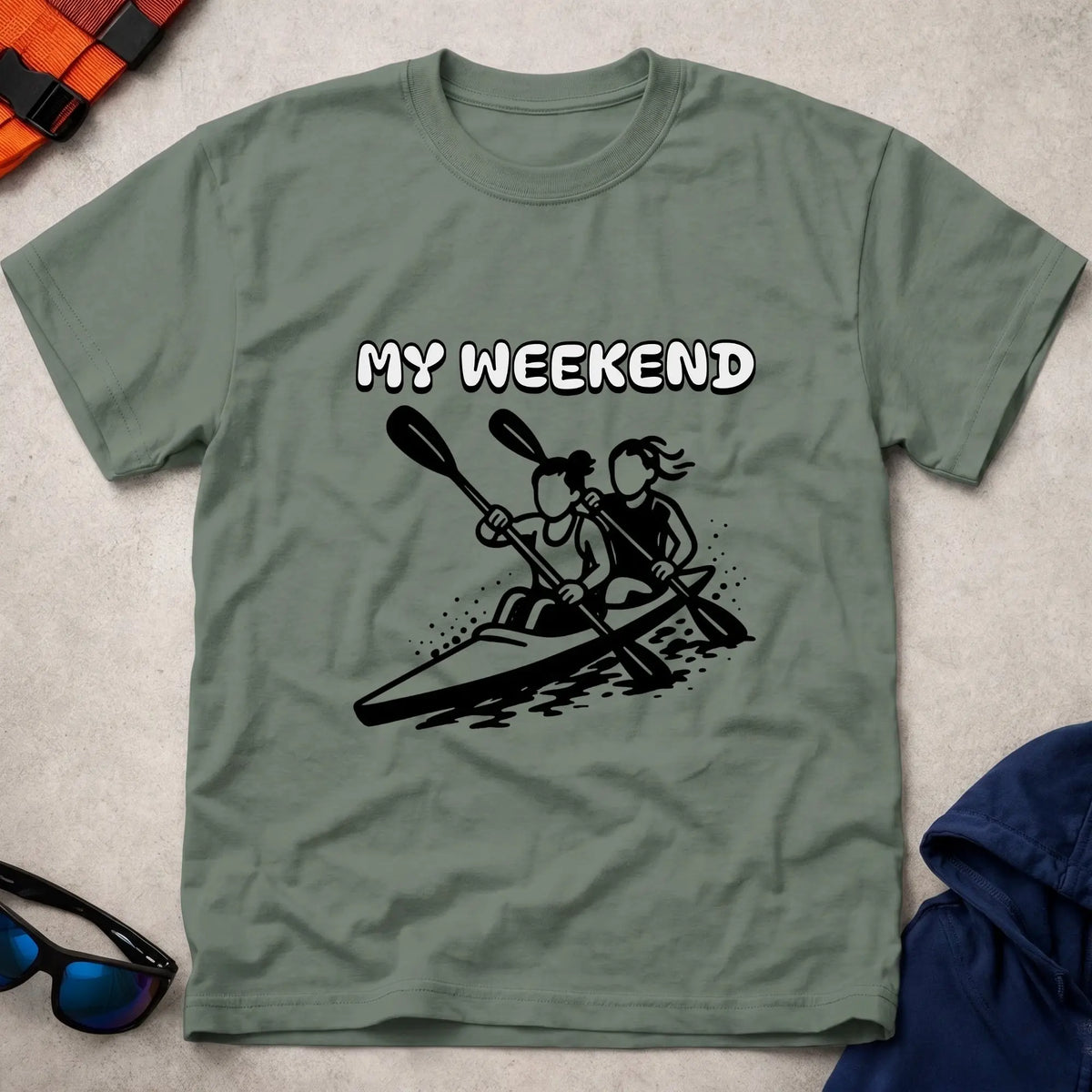 My Weekend K2 tee in Military Green — cartoon K2 kayak crew with 'My Weekend' lettering — Vector Paddle