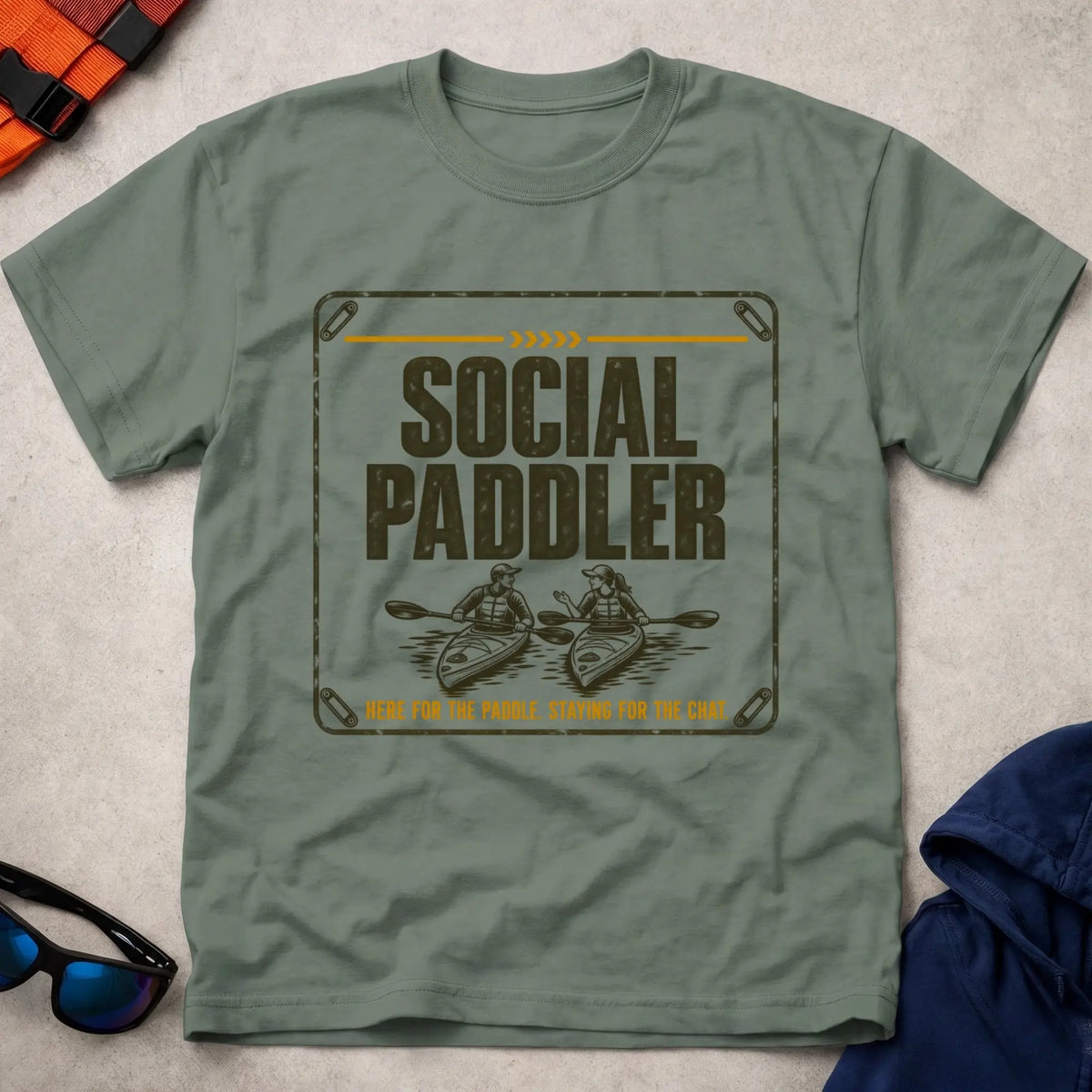 Social Paddler tee in Military Green — two kayakers chatting on the water — Vector Paddle