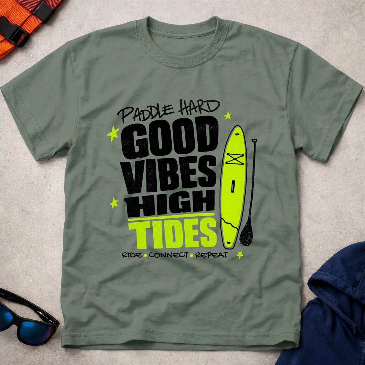 Military Green Good Vibes High Tides paddling t-shirt for laid-back water days, Vector Paddle