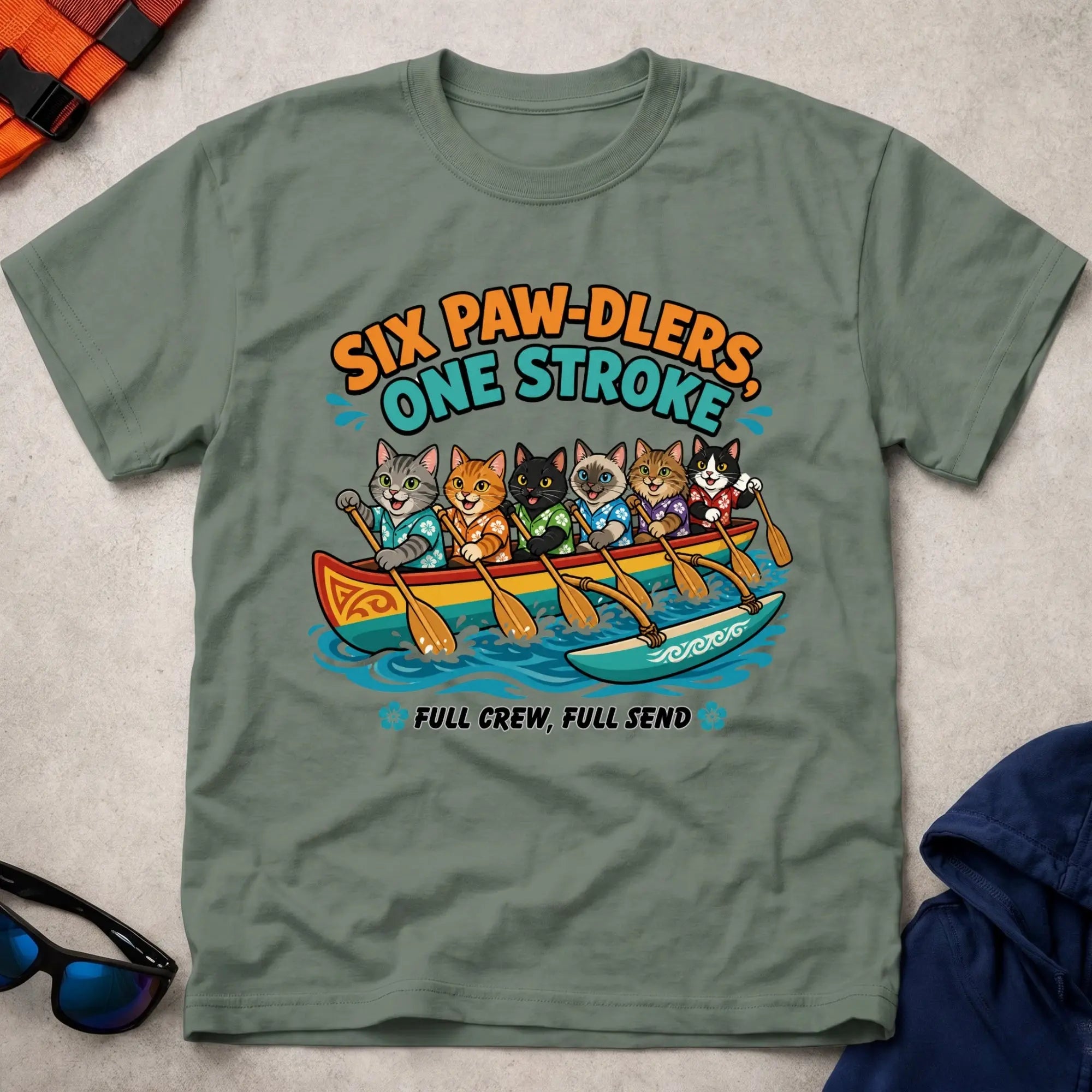 Military Green Six Paw-dlers, One Stroke tee — OC6 outrigger crew gift — Vector Paddle