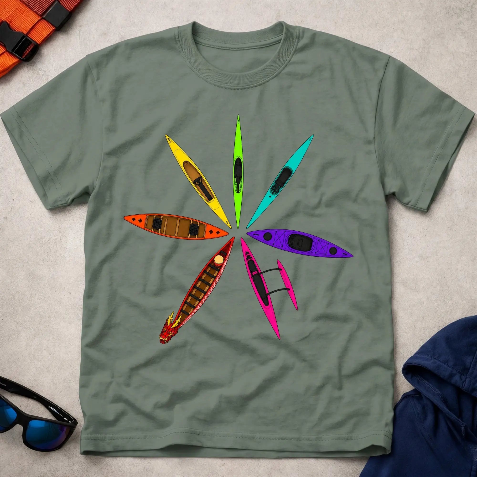 Military Green Full Bloom paddling tee with bold multicolour graphic — Vector Paddle