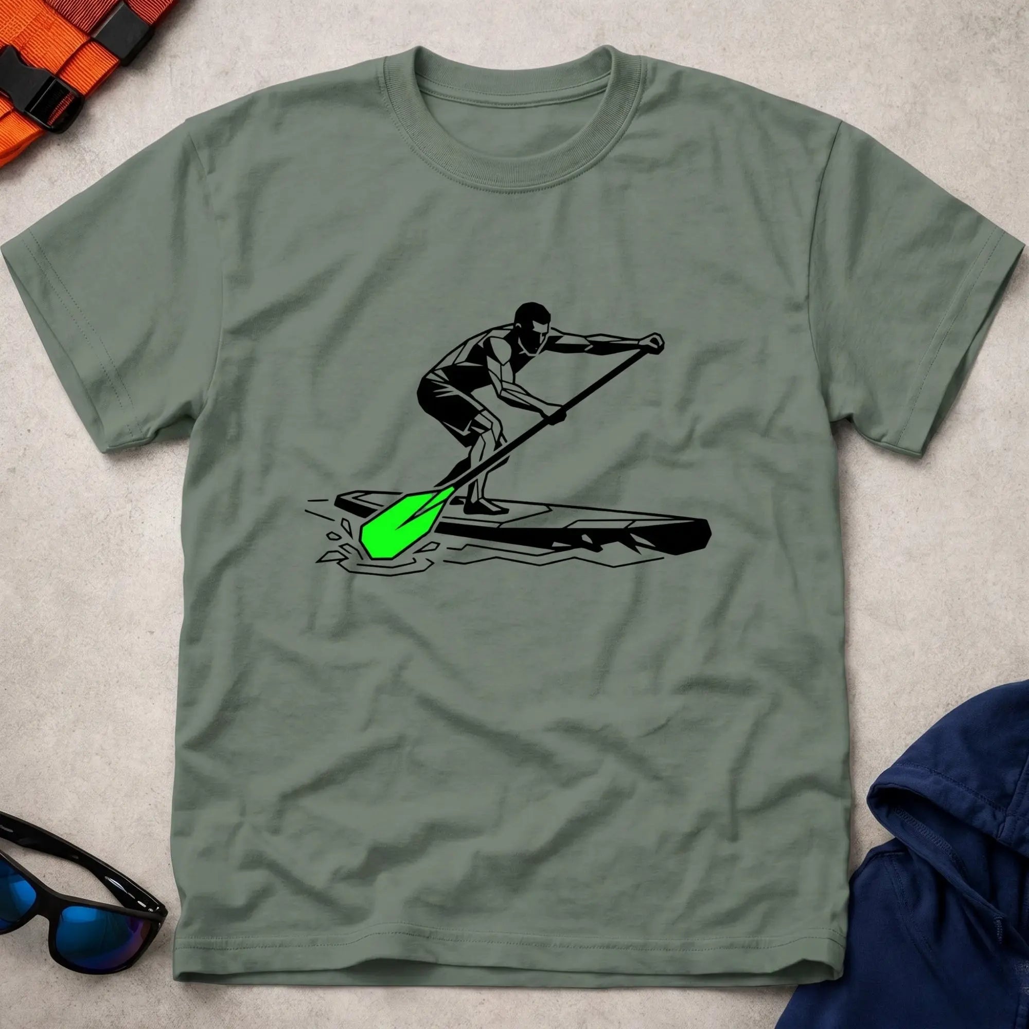 Military Green SUP Paddler t-shirt for stand-up paddleboarding fans, Vector Paddle