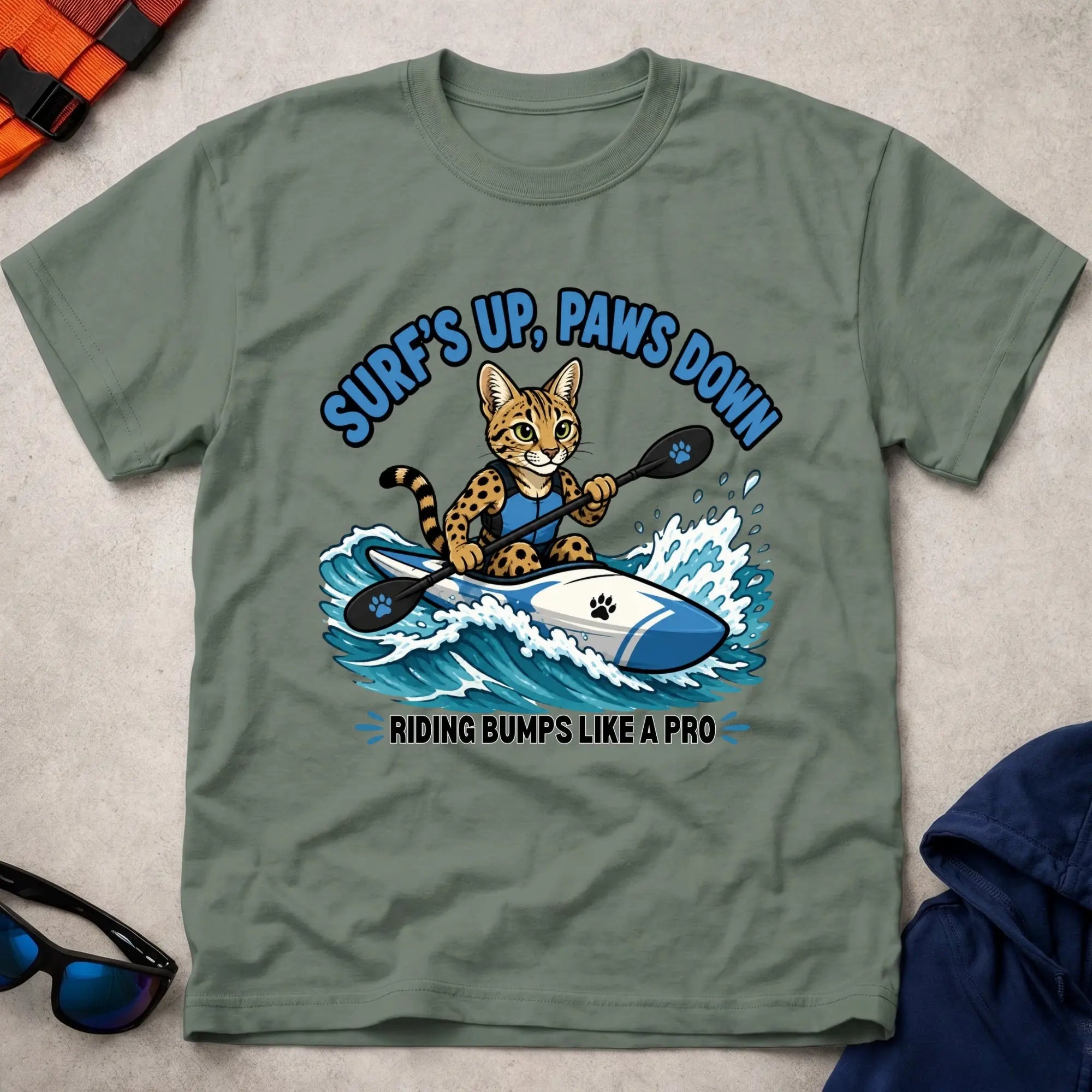 Military Green Surfs Up, Paws Down tee — open-water paddling gift — Vector Paddle