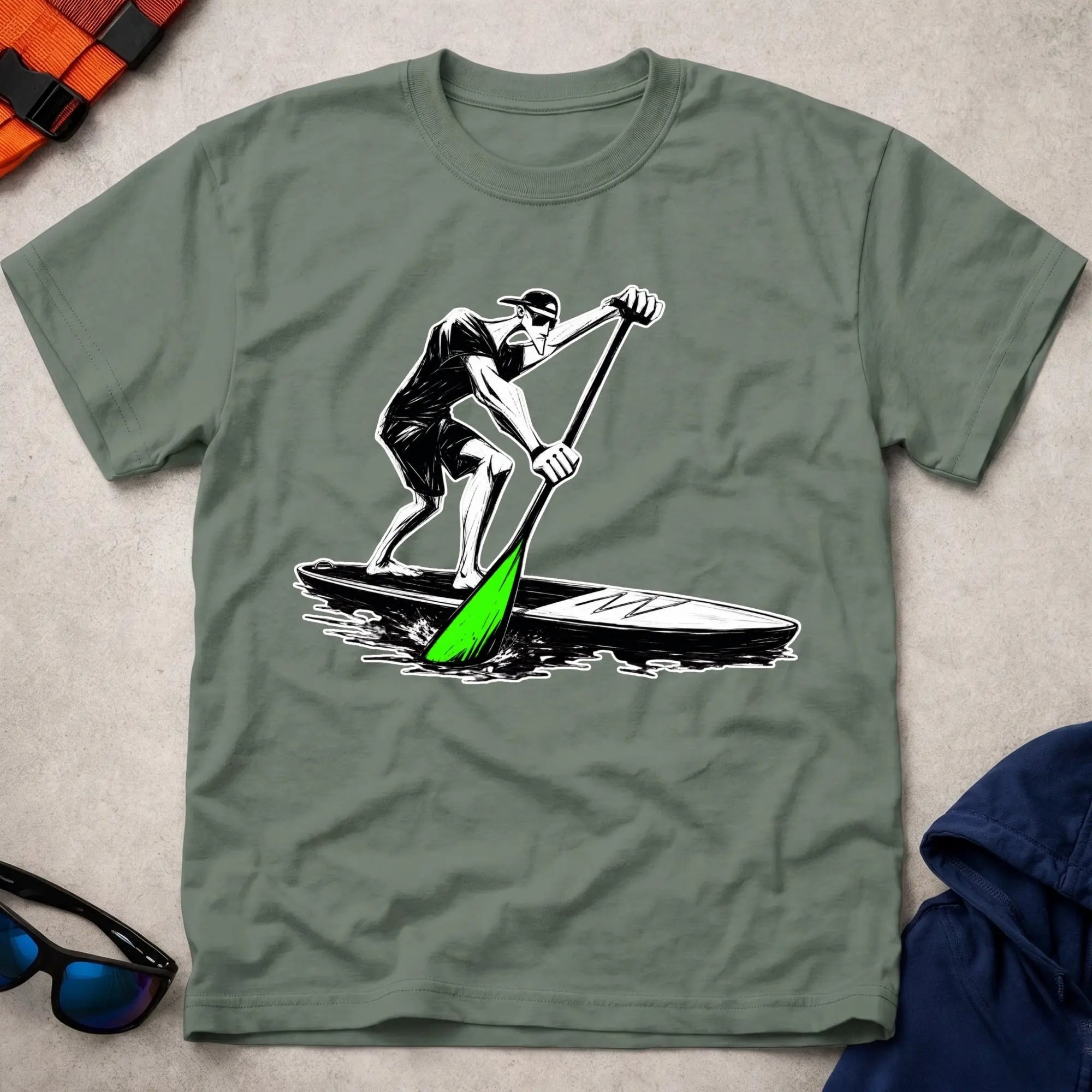 Military Green Paddling SUP t-shirt for stand-up paddleboarders, Vector Paddle