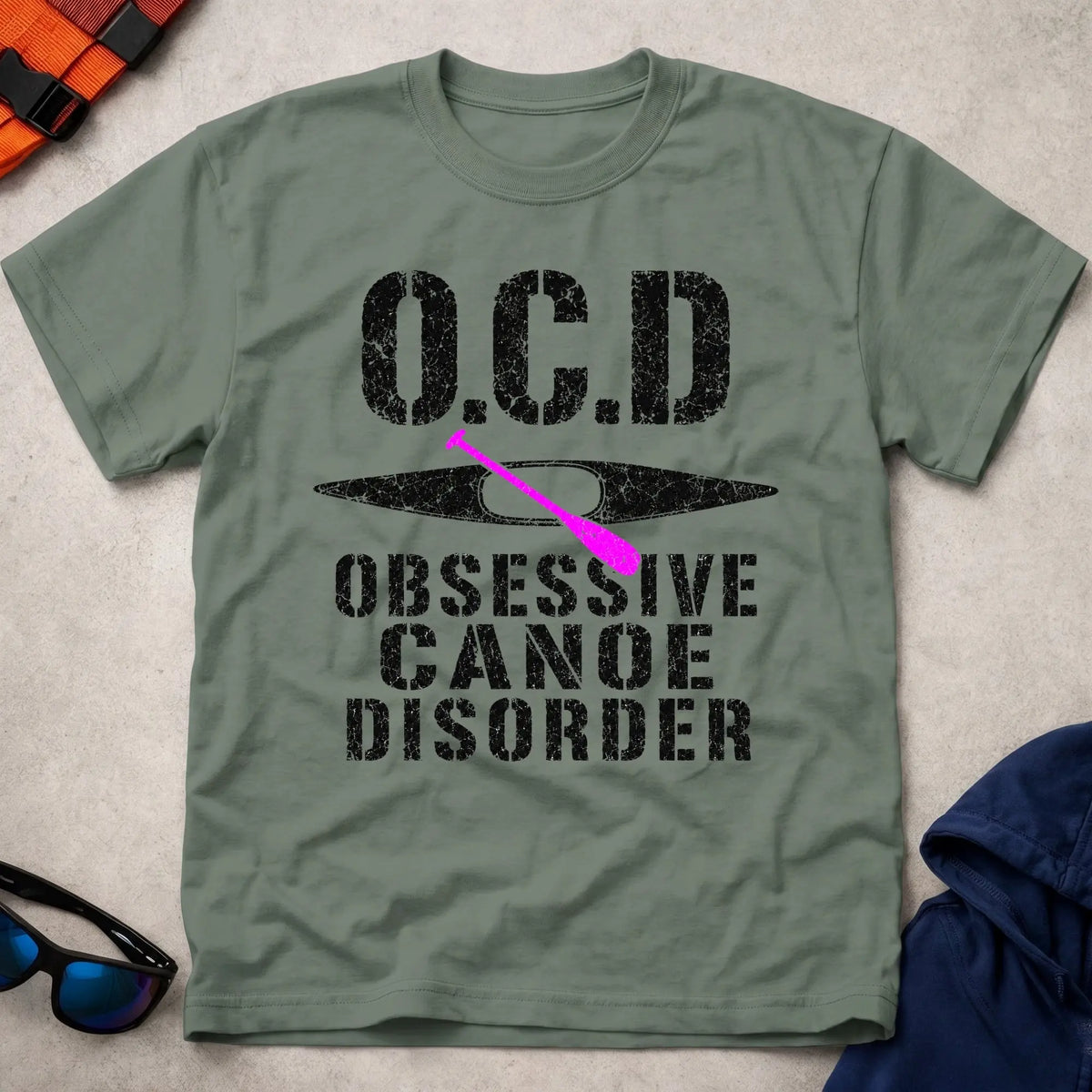 Military Green Obsessive Canoe Disorder tee — funny canoe-obsessed paddling gift — Vector Paddle