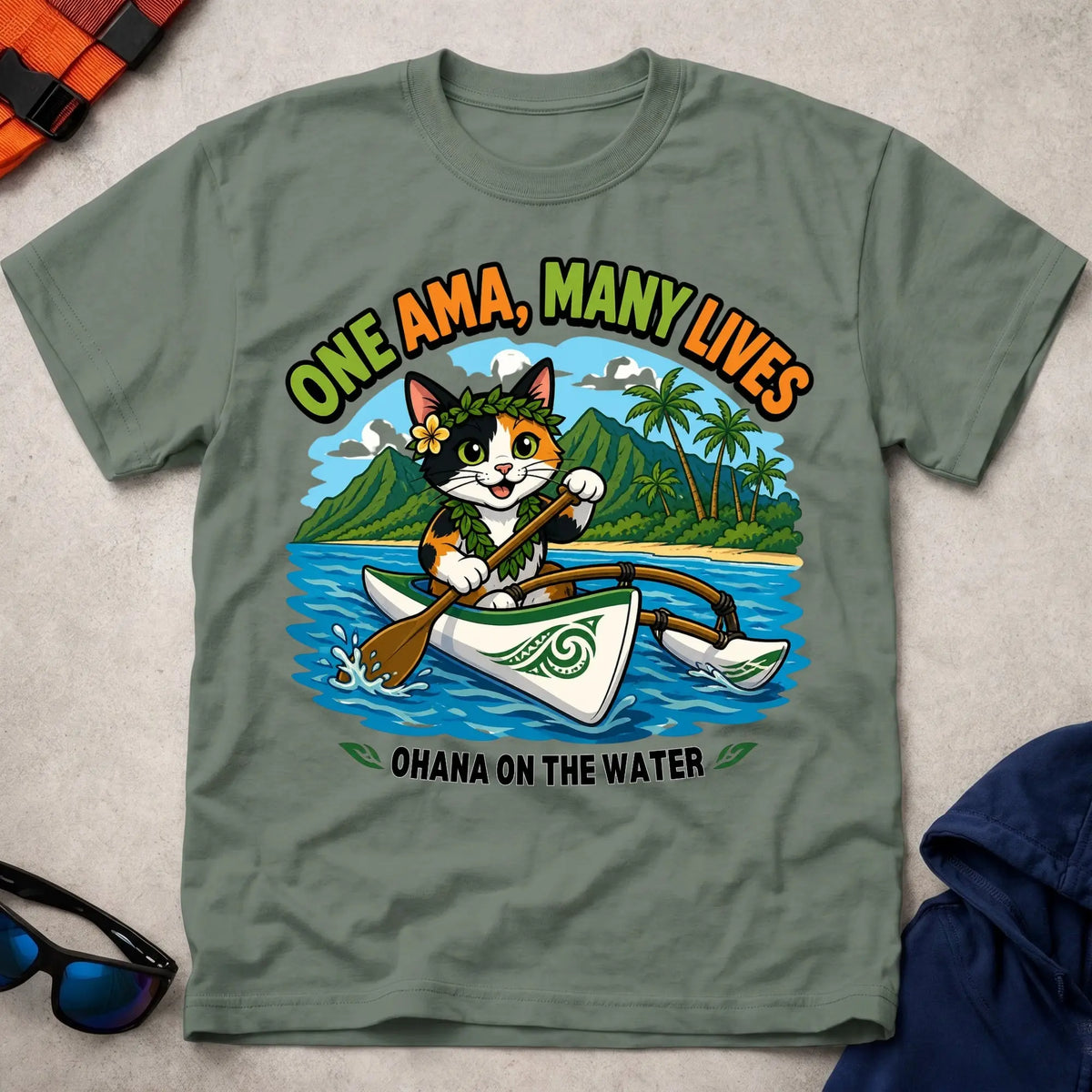 Military Green One Ama, Many Lives tee — OC1 outrigger paddling gift — Vector Paddle