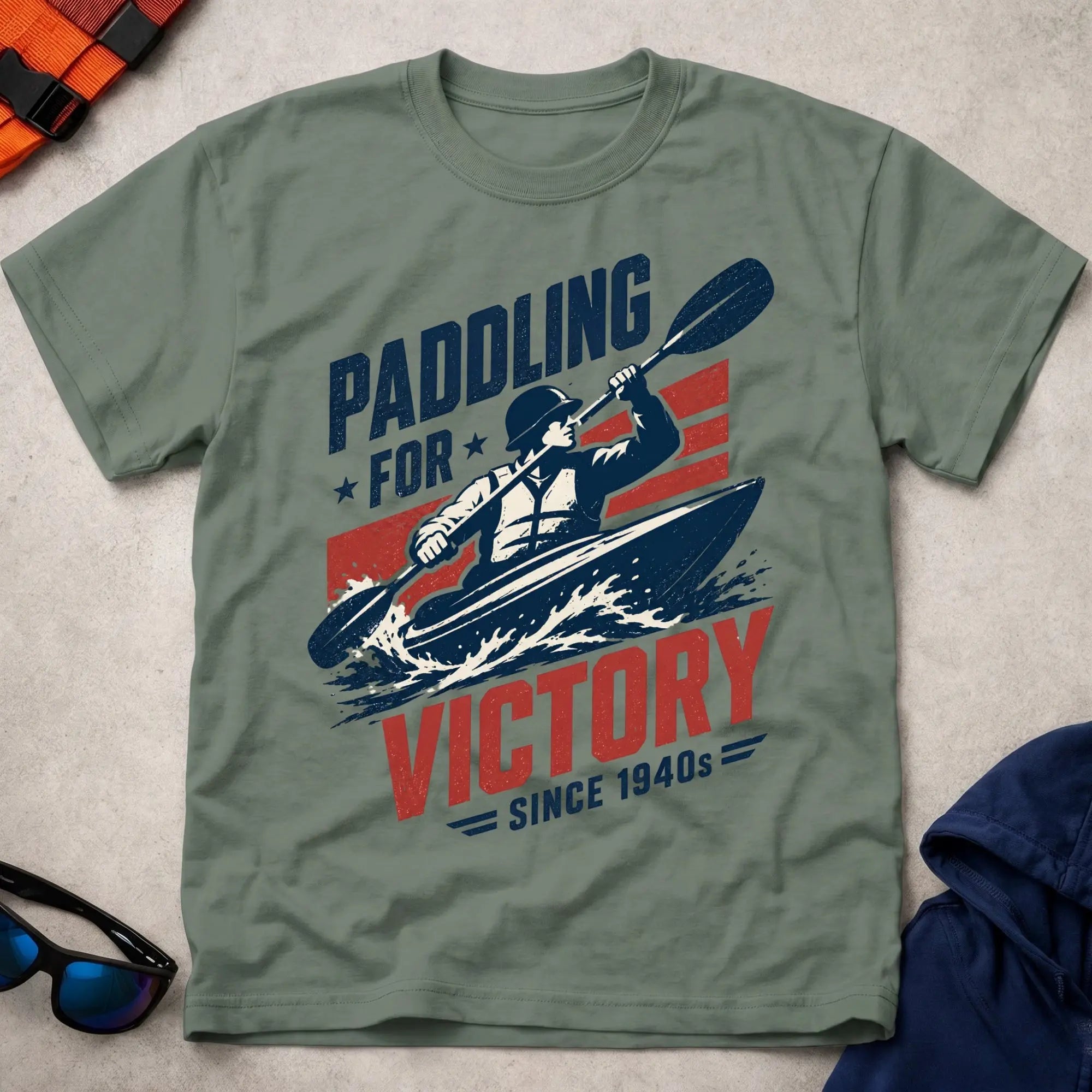 Paddling For Victory WW2-era kayak action tee | Vector Paddle