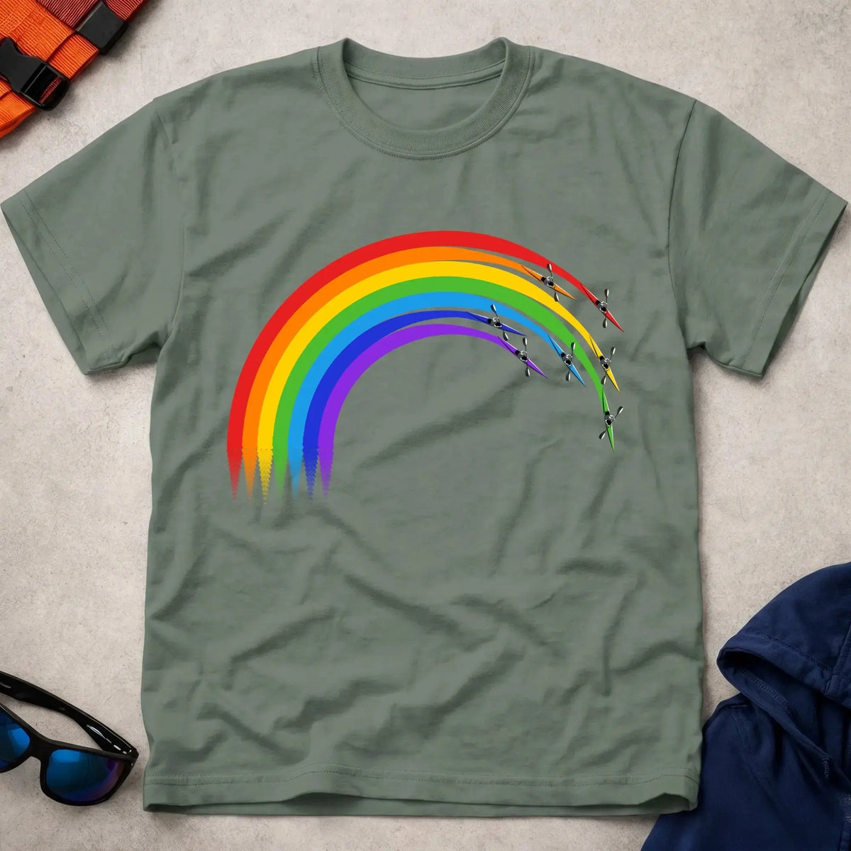Over The Rainbow tee in Military Green — kayaks racing a rainbow arc — Vector Paddle