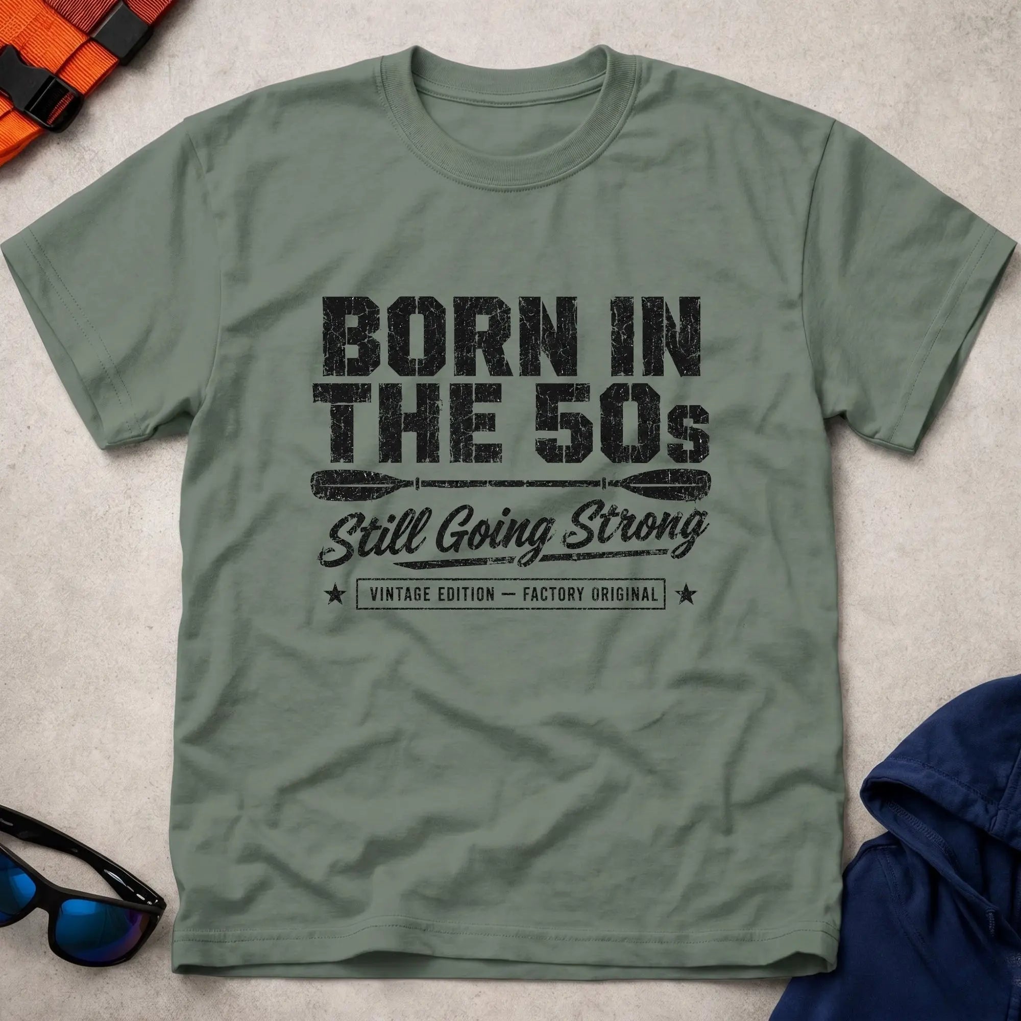 Born In The 50s – Still Going Strong retro paddling tee in Military Green | Vector Paddle