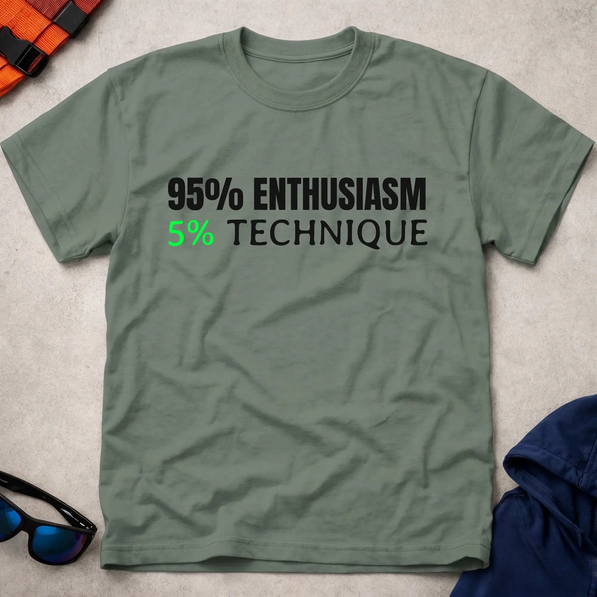 Military Green 95% Enthusiasm tee — funny paddling gift for kayakers and canoeists — Vector Paddle