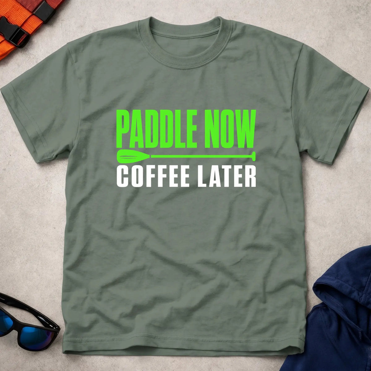 Military Green Paddle Now, Coffee Later Tee - Vector Paddle