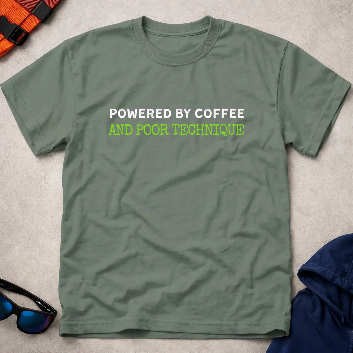 Military Green Powered By Coffee paddling tee — Vector Paddle
