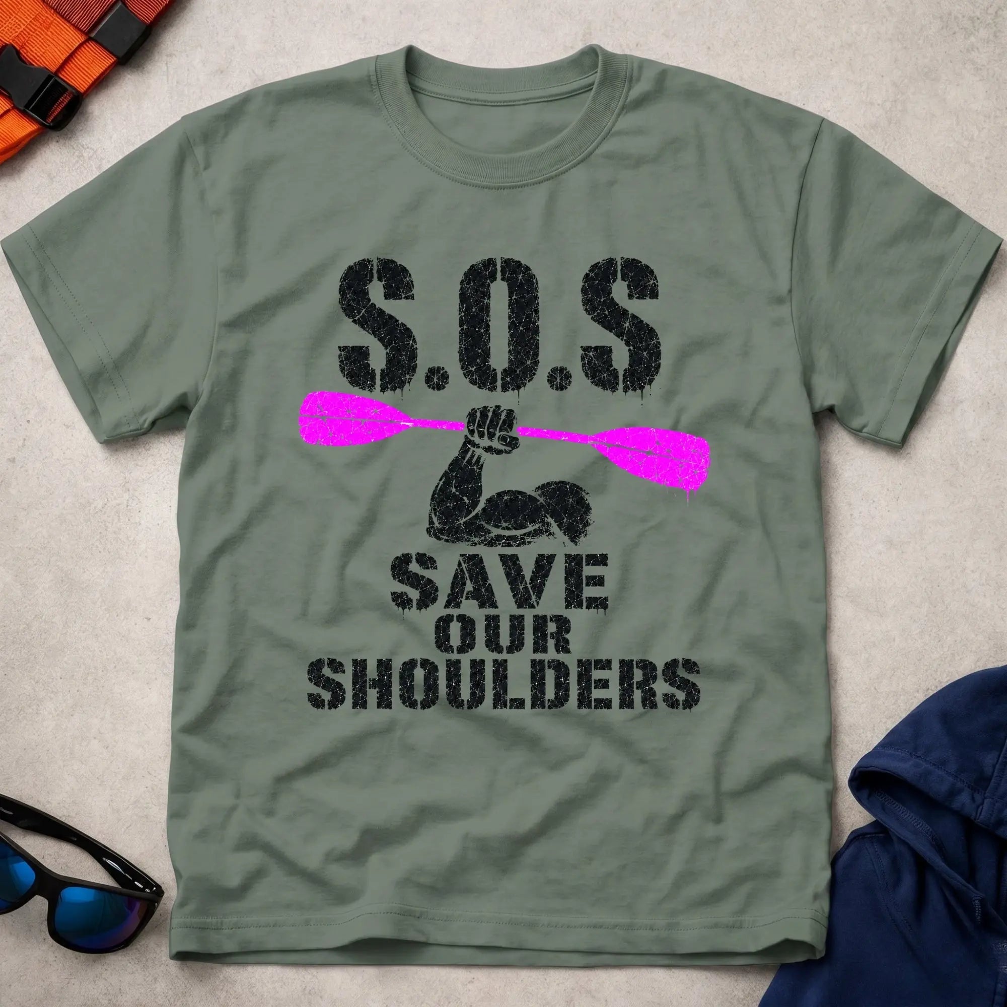 Military Green Save Our Shoulders tee — marathon paddler gift — Vector Paddle