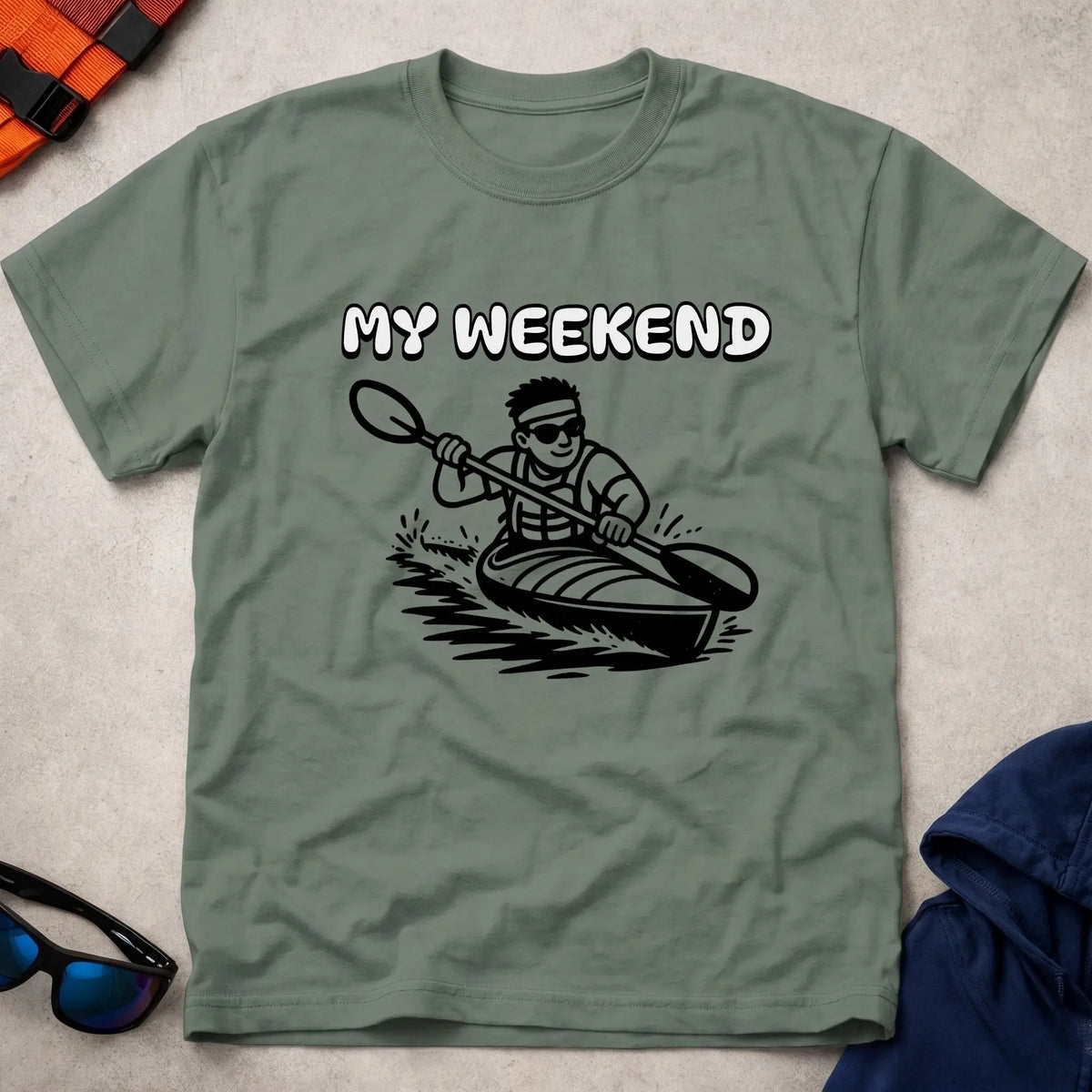My Weekend K1 tee in Military Green — cartoon kayaker with 'My Weekend' lettering — Vector Paddle